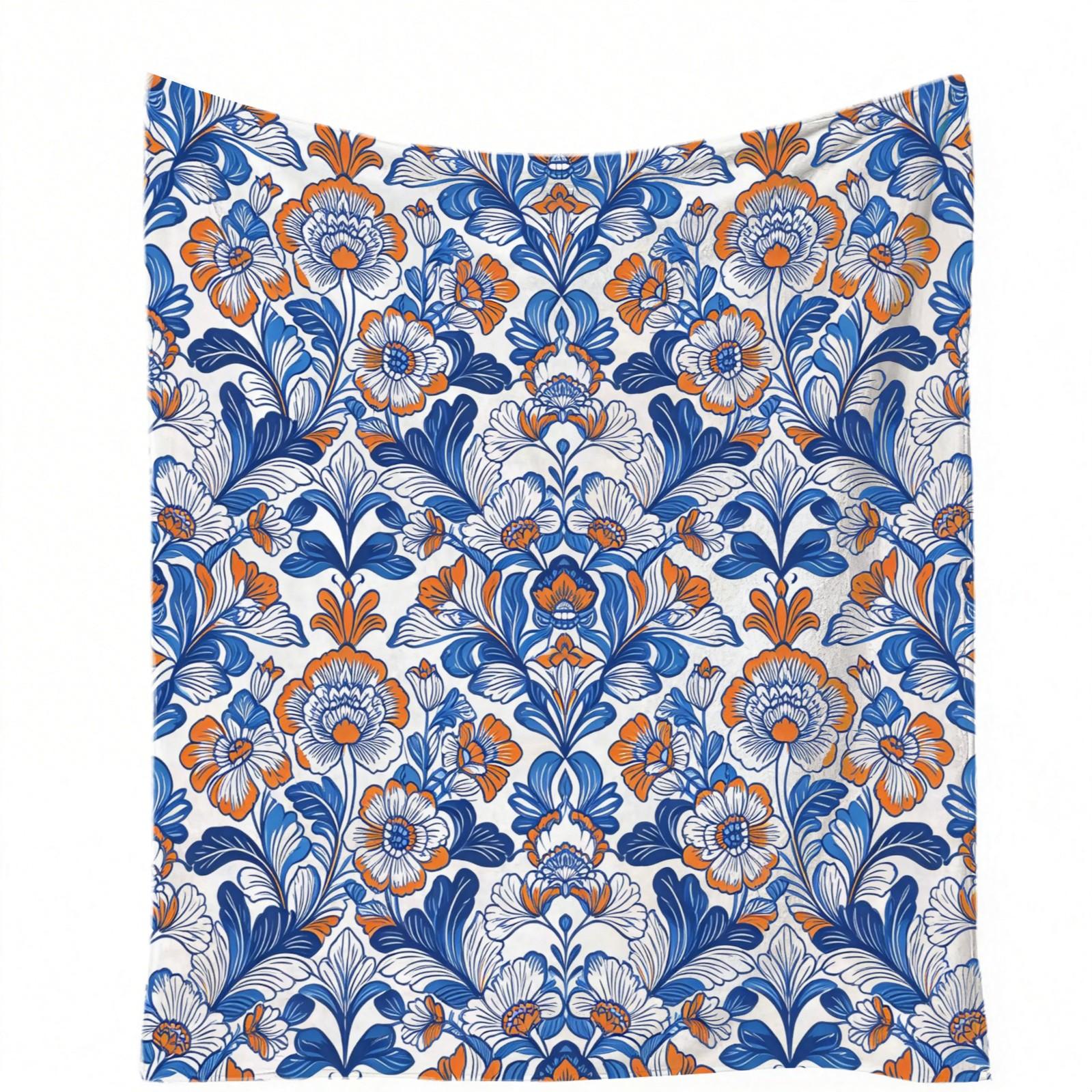 1 Piece Bohemian Blue Orange Floral Throw Blanket, HD Digital Single-Sided Printed Flannel Blanket, Super Soft Cozy Plush Gift Blanket for Sofa, Bed, Travel and Camping Decor