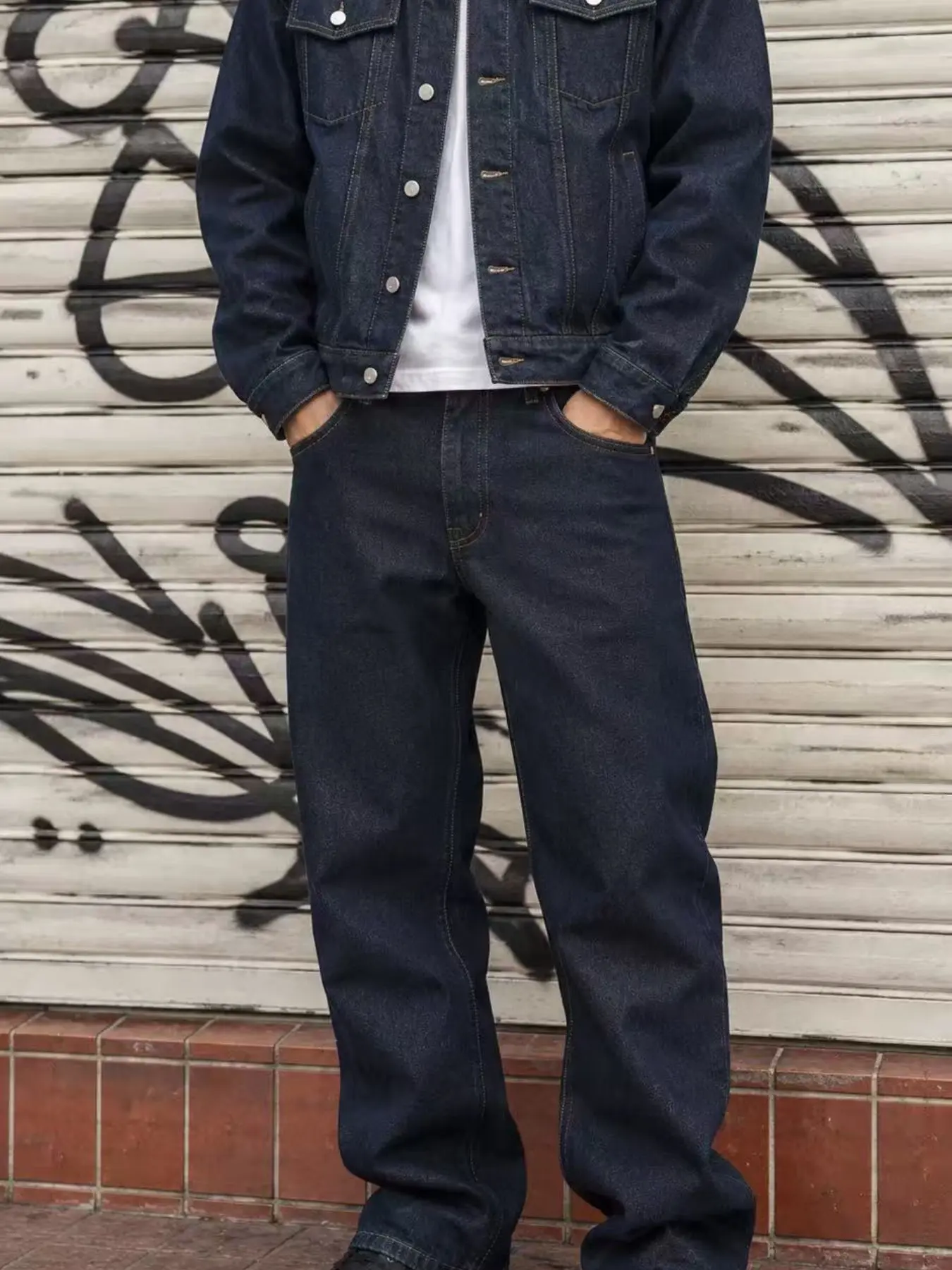 Men's Dark Original Denim Set, Heavyweight Jeans Jacket + Wide Leg Pants, Street Style Two-Piece, Fashionable Men's Clothing, Streetwear