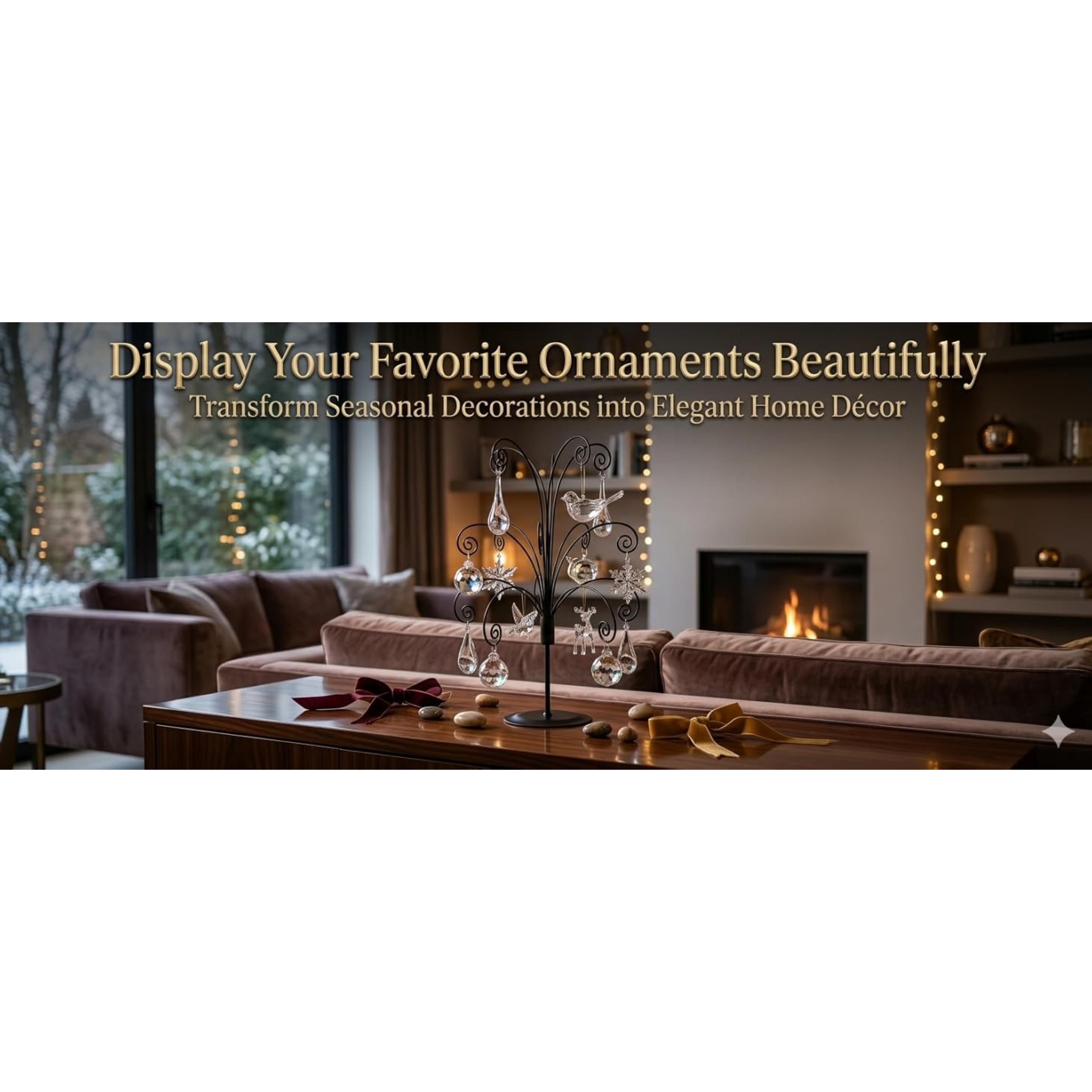 20" Gold Ornament Display Stand Metal Hanging Tree Holder | Displays crystal ornaments, glass baubles, keepsakes and seasonal décor with a sturdy tabletop hanging stand.