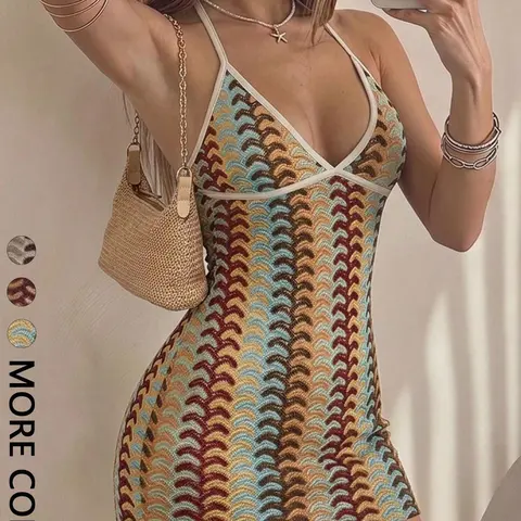 Women's Geometric Print Halter V-Neck Bodycon Mini Dress for Party and Vacation Boho Printed Dress