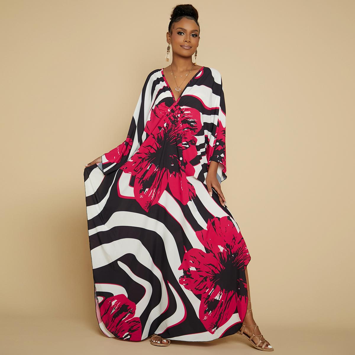 Bsubseach Women's Ethnic Print Kaftan Dress Plus Size All Over Print Sleeve Tunic Dress Boho Casual V Neck 3/4 Sleeve Tunic Dress for Women Mrs Roper Kaftan Bubu Mumu Casual Womenswear Summer Bohemian