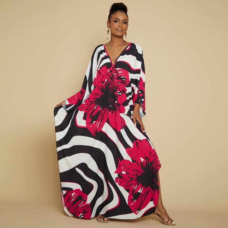Bsubseach Women's Ethnic Print Kaftan Dress Plus Size All Over Print Sleeve Tunic Dress Boho Casual V Neck 3/4 Sleeve Tunic Dress for Women Mrs Roper Kaftan Bubu Mumu Casual Womenswear Summer Bohemian