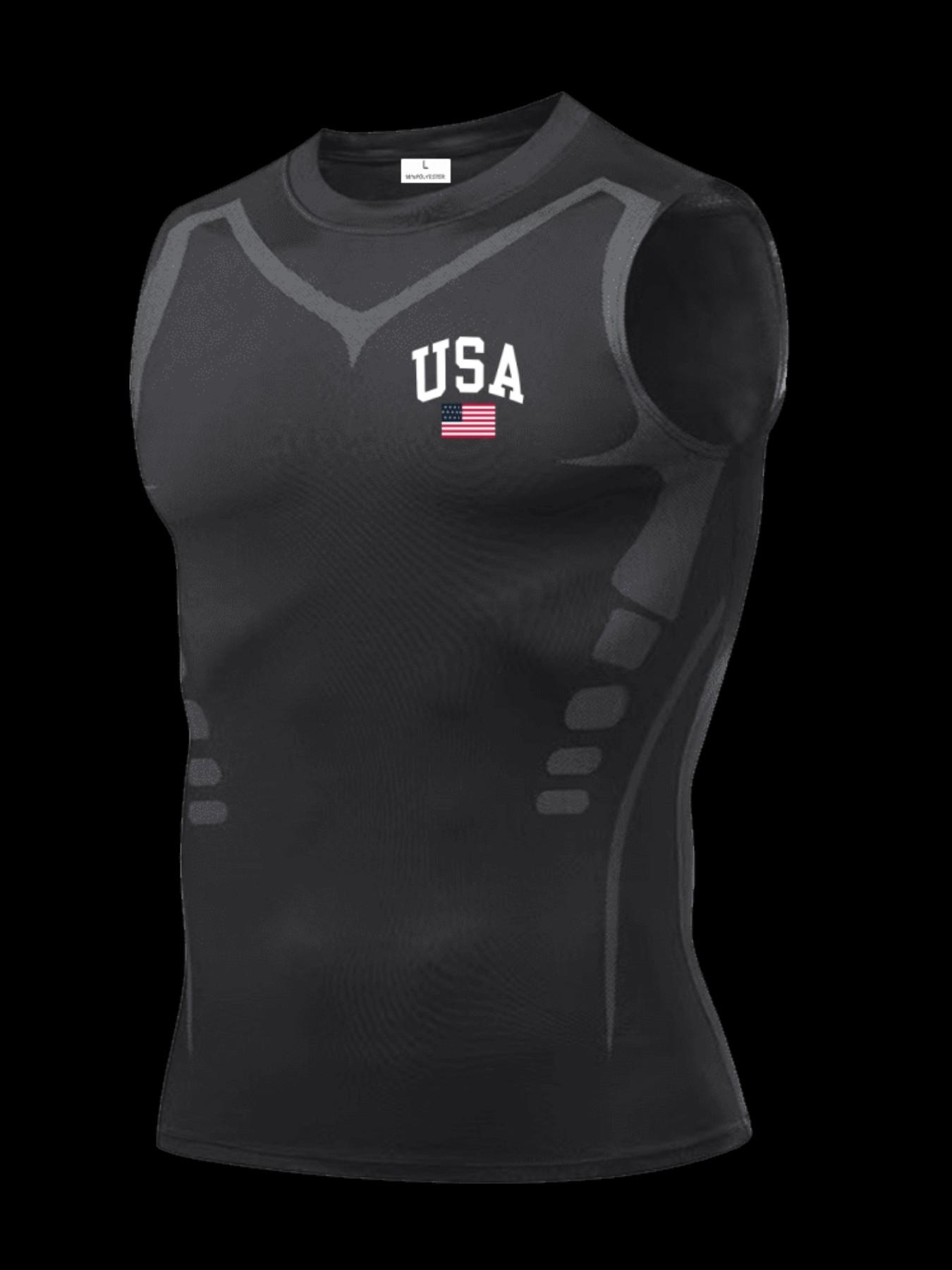 Men's Short Sleeve Sporty Slim-Fit Knitted Fabric, Usa Pattern Print, Breathable Moisture-Wicking, High Elasticity, Lightweight Design