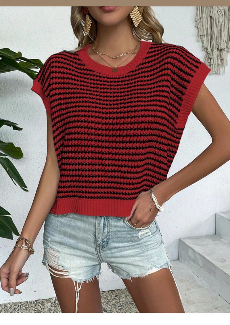 Women's Striped Knitted Vest Top, Round Neck Cap Sleeve Casual Loose Fit, Elegant Summer Fashion, Versatile Women's Knitwear
