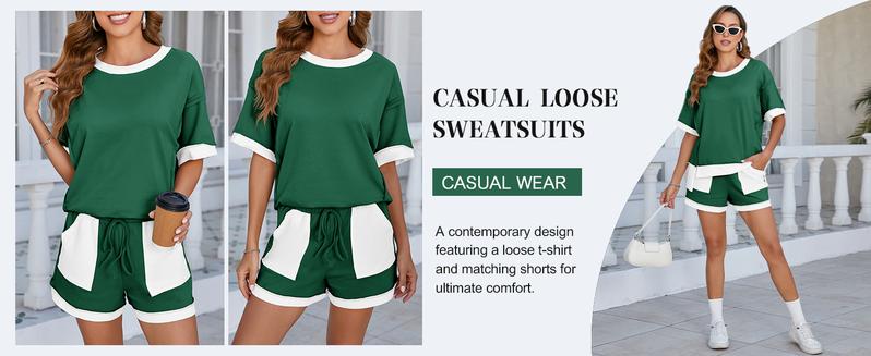 FISOEW Women's Summer Two-Piece Sportswear Set, Loose Sweatshirt and Shorts, Casual Color-Blocking Breathable Loungewear Set, New Autumn Collection, Valentine's Day Gift Recommendation