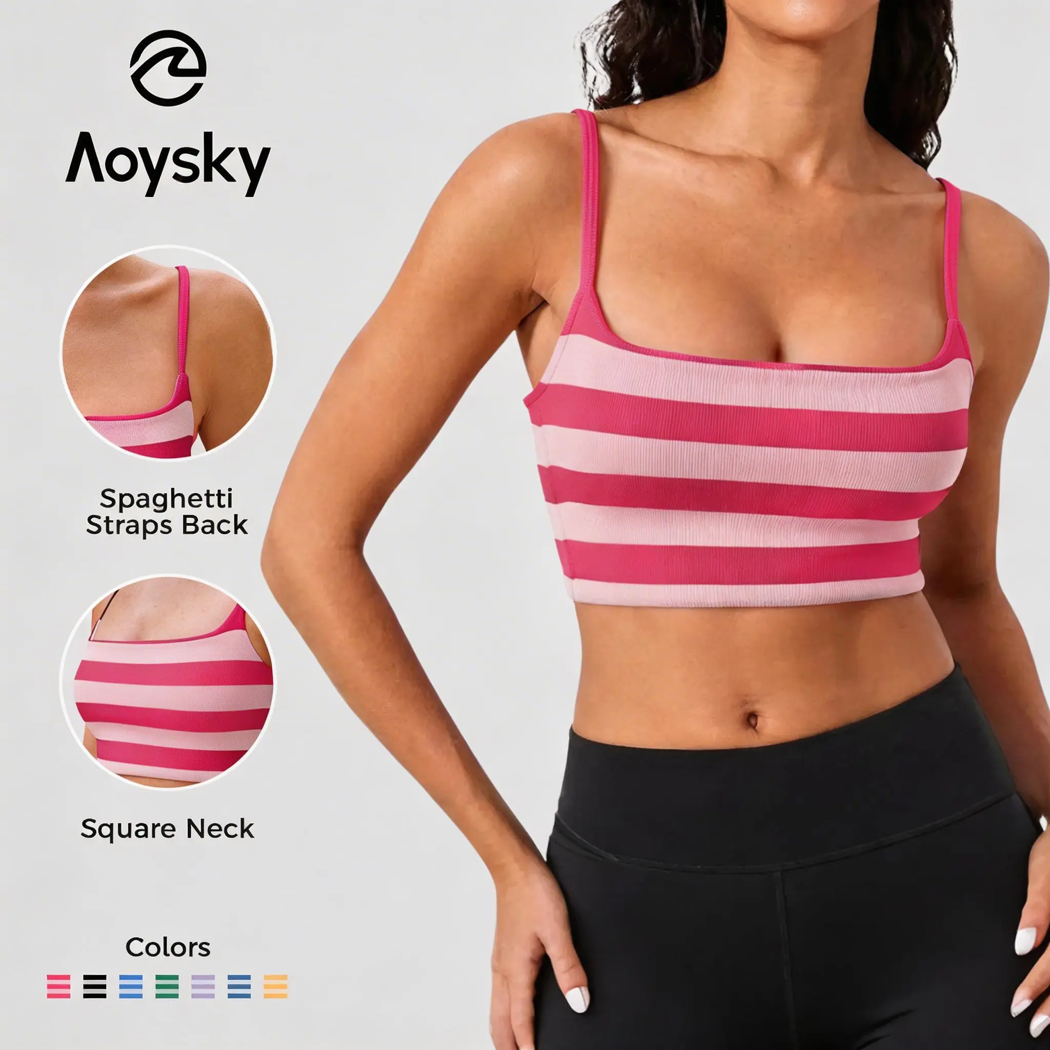 Aoysky Women's Basic Cotton Breathable Ribbed Striped Spaghetti Strap Square Neck Padded Sports Bra, Yoga-to-Everyday Low-Impact Gym Workout Top