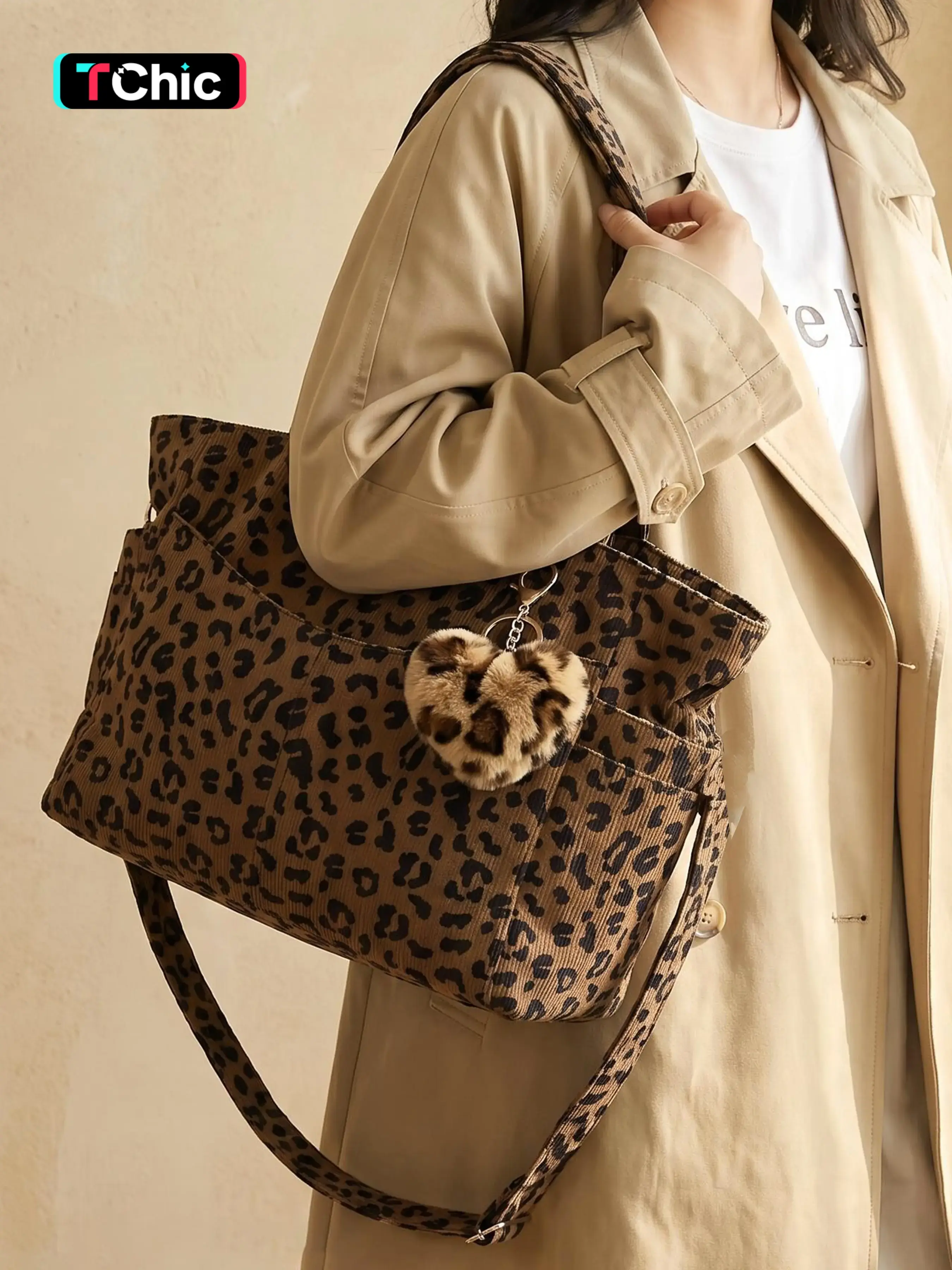 Corduroy Crossbody Tote Bag for Women, Leopard Print Plush Pendant Bag,Women's Fashion Leopard Pattern Tote Bag, Large Capacity Shoulder Bag for Daily Used, Casual Trendy Versatile High-quality Daily Commuting Bag, Girl Fashionable Shopping Bag, Commuter