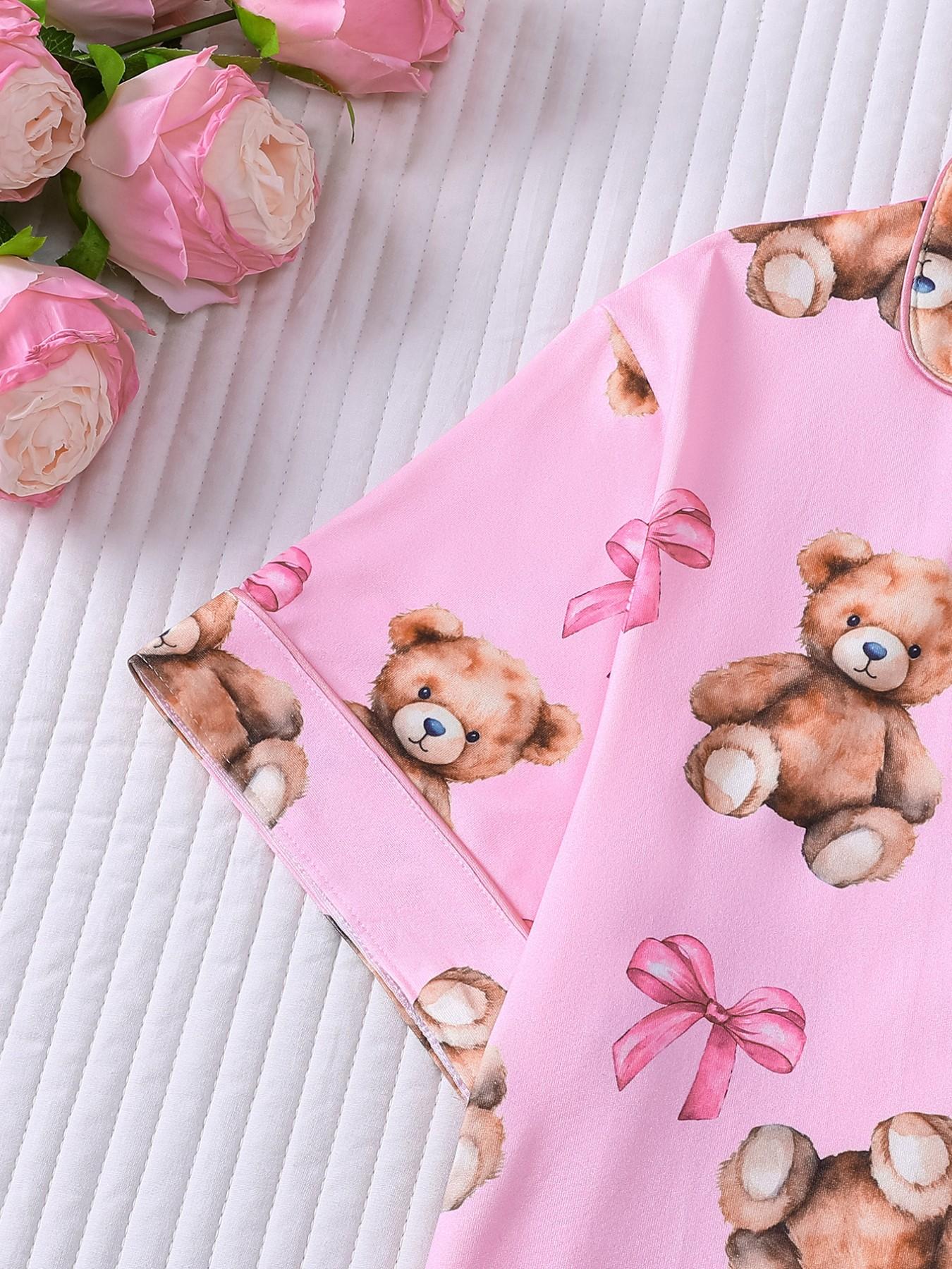 2 Piece Women's Pajamas Set, Pink Teddy Bear Bow Print Short Sleeve Sleepwear, Lapel Button Down Top with Pocket, Elastic Waist Shorts, Cute Cartoon Bear Comfy Loungewear for All Seasons, Daily Casual Homewear
