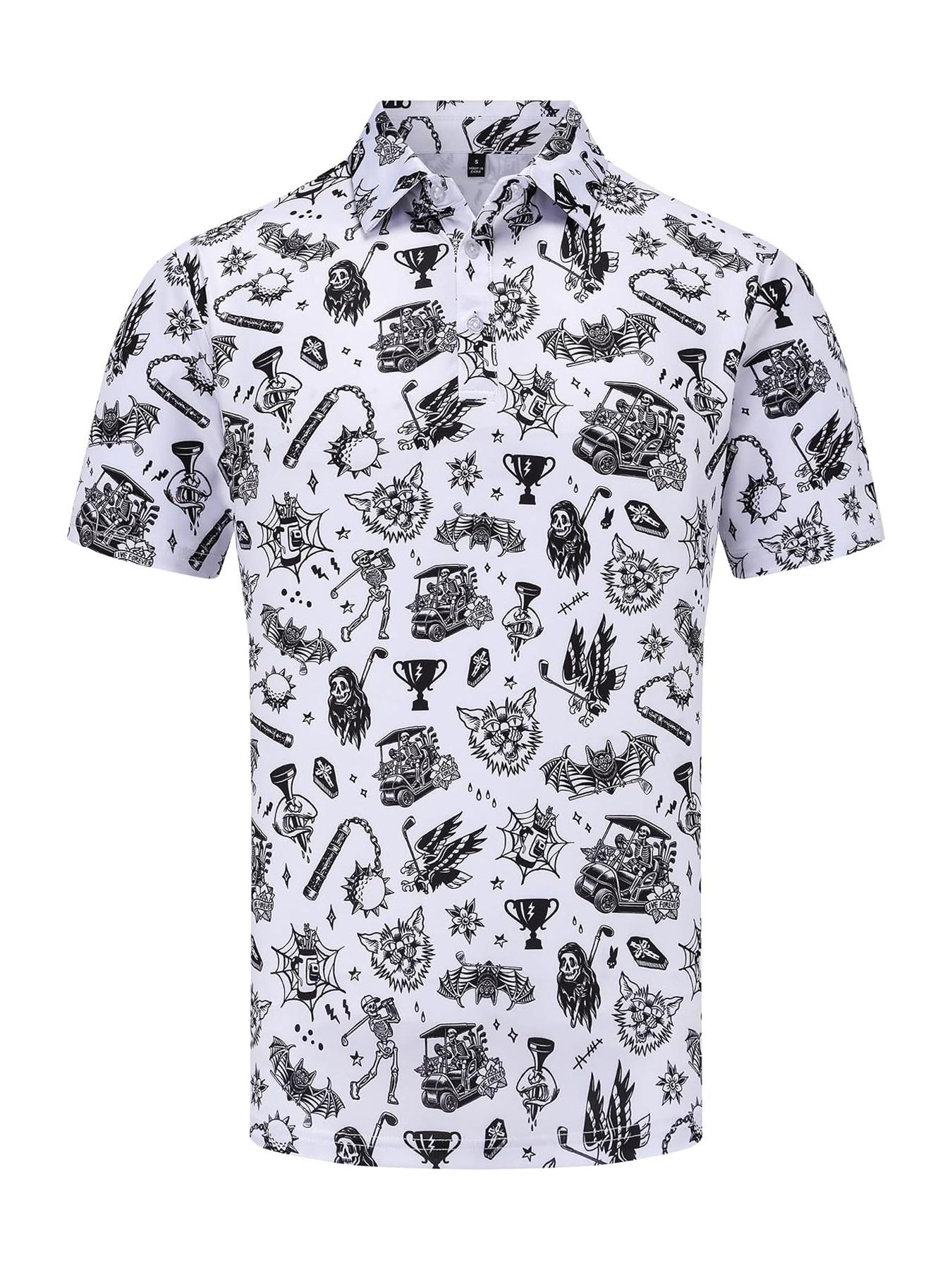 Men's Halloween Theme Polo Shirt, Hand-Drawn Skull Ghost Tombstone Pattern, Short Sleeve, Breathable, Festive Casual Golf Top,Unisex (Recommended ordering one size up),polo shirt for men,deals of the day，halloween costumes for men，halloween costumes