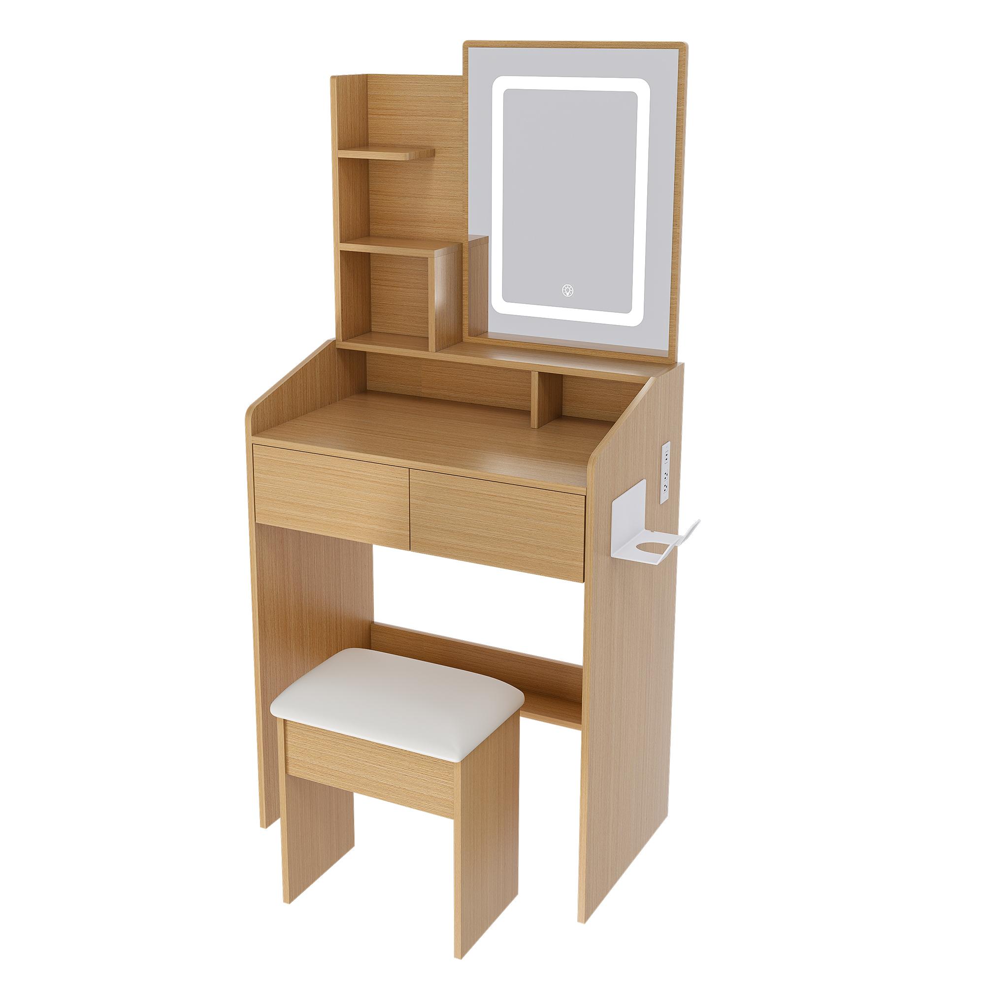 Small Vanity Desk with Mirror and Lights, Makeup Vanity Table with Power Outlet & 2 Drawers & 4 Shelves & Stool,Dressing Table Set for Bedroom, 3 Color Mode, Wood Small Vanity Desk with Mirror and Lights, Makeup Vanity Table with Power Outlet & 2 Drawers & 4 Shelves & Stool,Dressing Table Set for Bedroom, 3 Color Mode, Wood