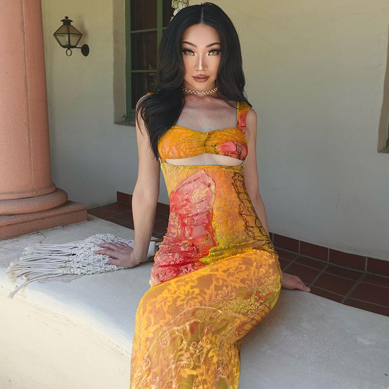 Sexy Mesh Print Sheer Sleeveless Dress Women's 2025 Summer Vacation Holiday New V Neck Bodycon Slim Casual Elegant Dress for Party Club Maxi Dresses