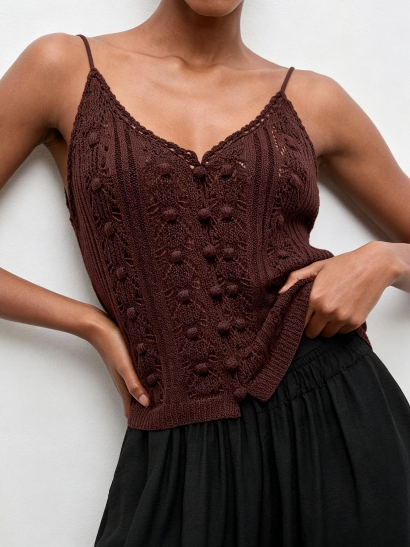 Elegant Fashion Comfortable Hollow Out Jacquard Knit Vest, Casual V-Neck Strap Open Front Cardigan Vest, Stylish Women's Outerwear