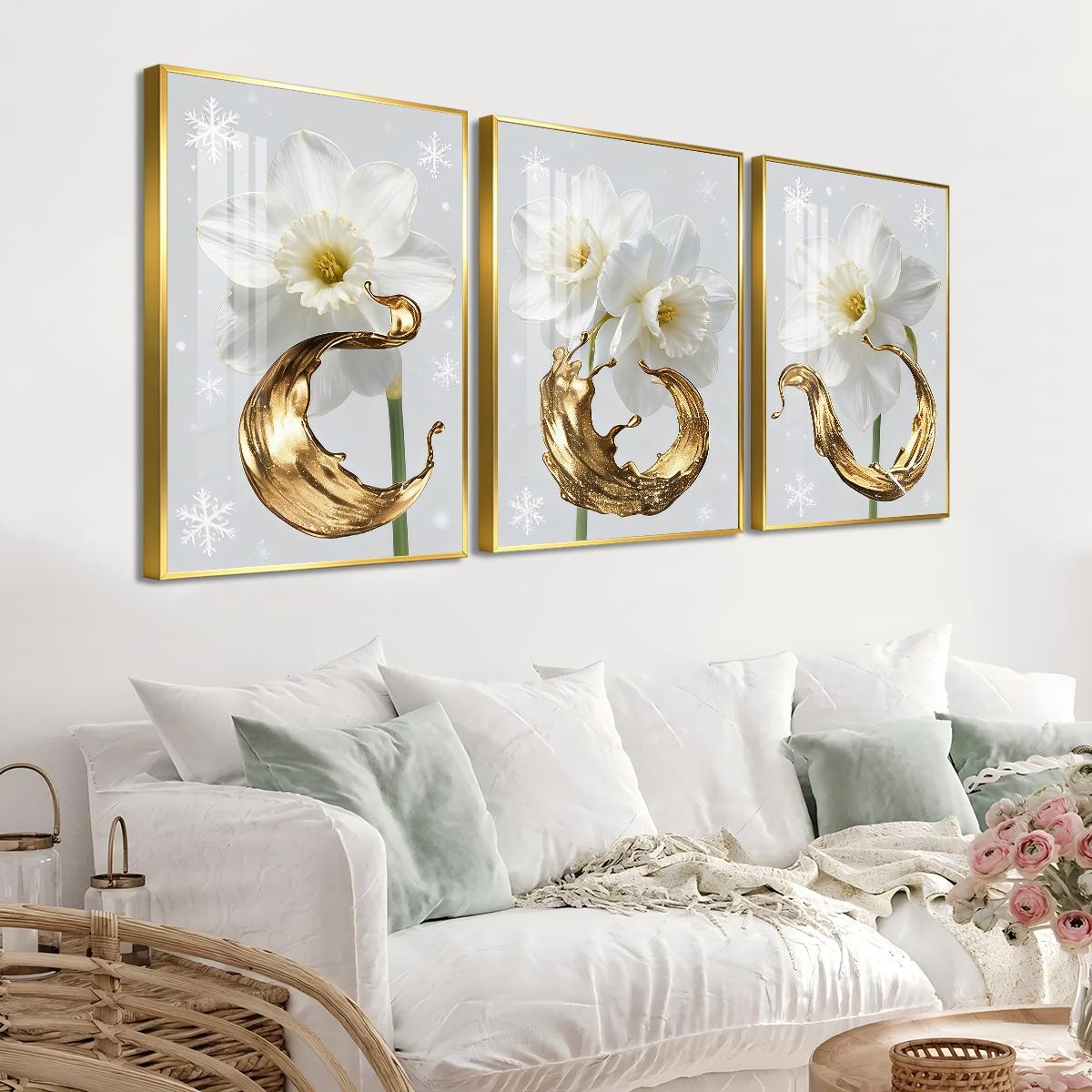 3 Counts Aluminum Alloy Framed Painting, White Daffodil Gold Splash Art Pictures, Home Decoration For Living Room, Bedroom, Office, Restaurant, Hallway Wall Decor, Odorless Print Artwork, Luxury Perfect Gift For Friends And Family
