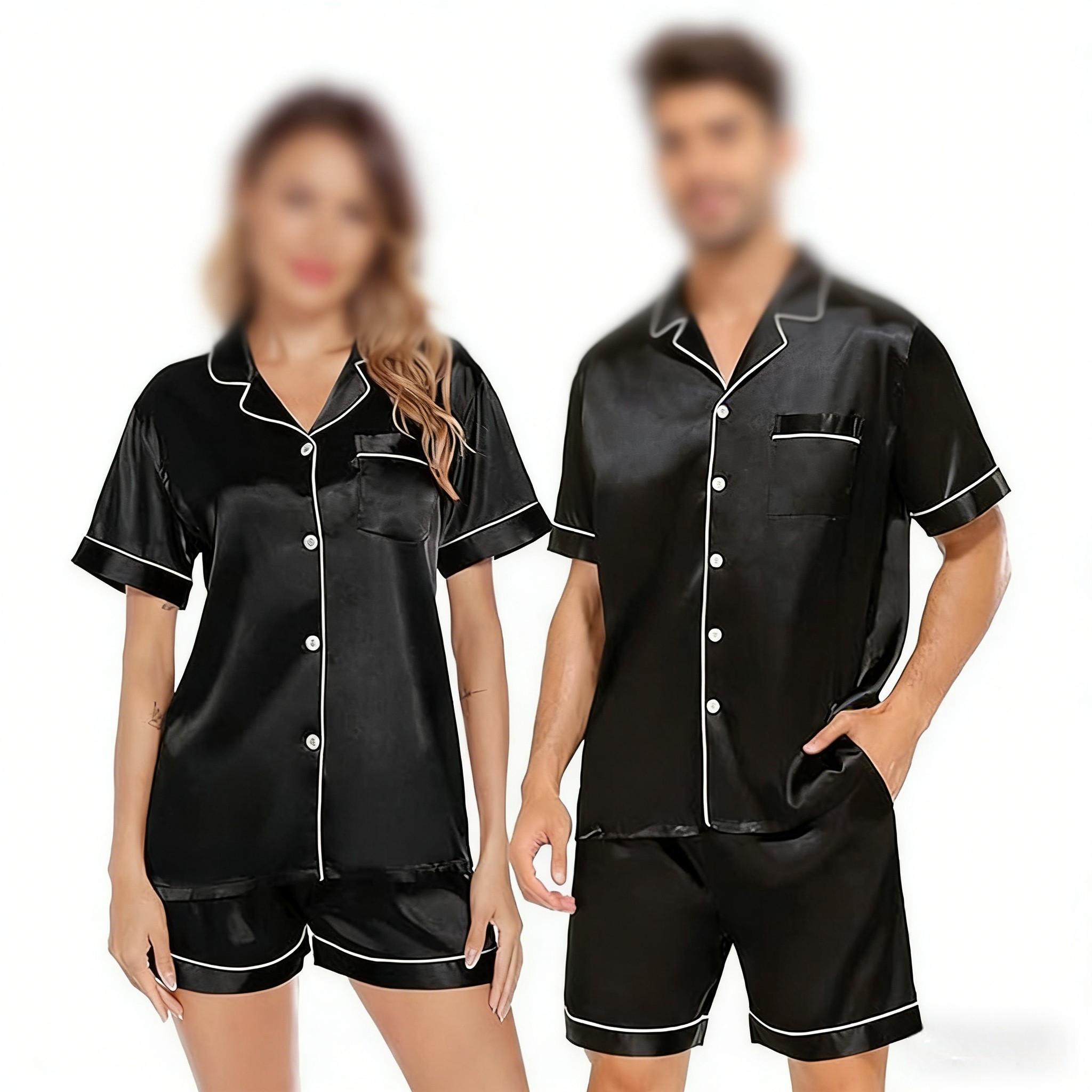 Women's & Men's Matching Satin Pajama Set, Short Sleeve Lounge Wear, Comfortable Couple Nightwear for Valentine's Day, Anniversary, Homewear