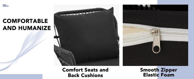 Patio Conversation Bistro Set, Outdoor All-Weather Wicker balcony Furniture with Tempered Glass Top Table Wide Ergonomic Armchairs, Seat Cushions for Porch, Backyard