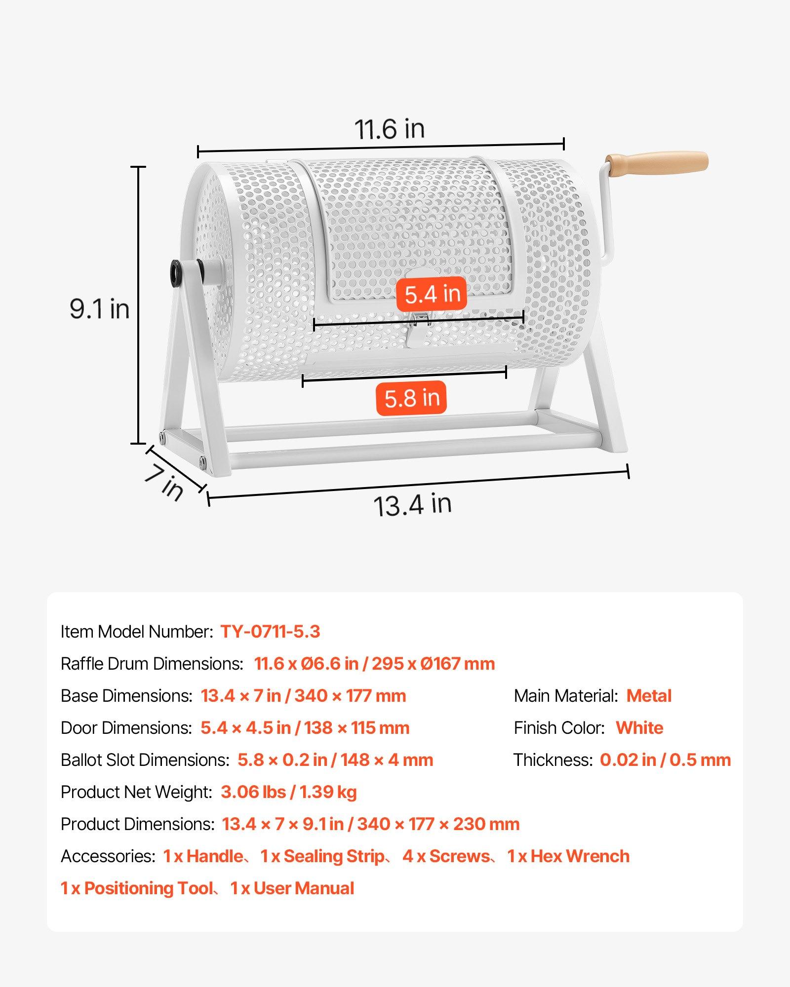 VEVOR Raffle Ticket Spinner, 11.6" x 6.6" Holds 2500 Tickets or 100 Ping Pong Balls, Raffle Drum Lottery Spinning Cage with Reinforced Handle, Stable Triangular Stand, for Events and Gatherings, Whit