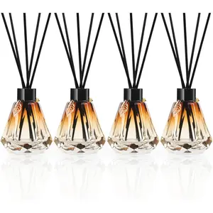 Reed Diffuser Set 4 Empty Bottles with 20 Sticks Delicate Gold Leaf Decor Glass Fragrance Diffuser with Lids Refillable Diamond Style 4 PCS Black for Home Bathroom