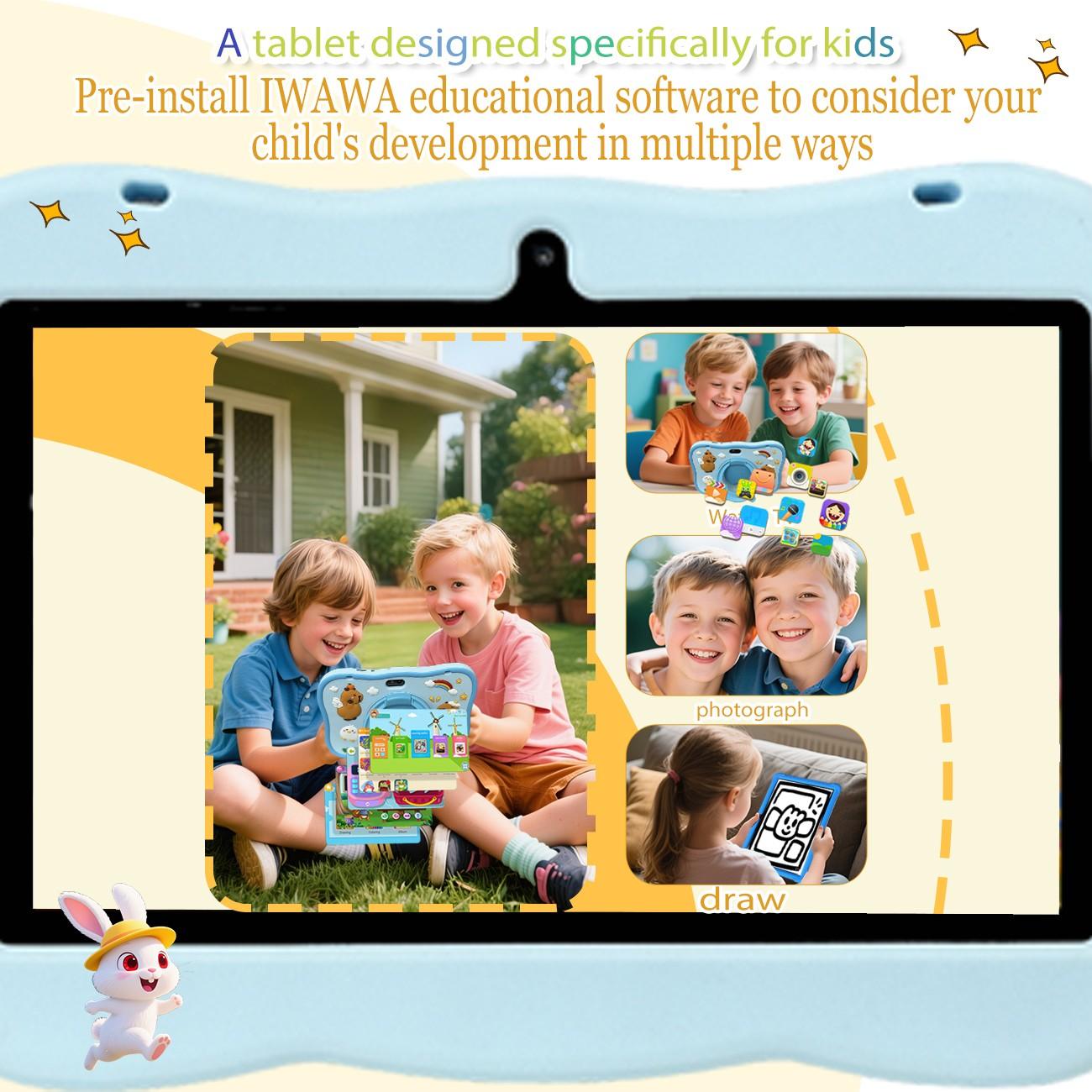 7-inch tablet | IWAWA learning application | Secure internet parental control | Sensitive touch screen+learning anti fall shell (blue/pink | no adapter) holiday gift, children have fun, parents feel more at ease