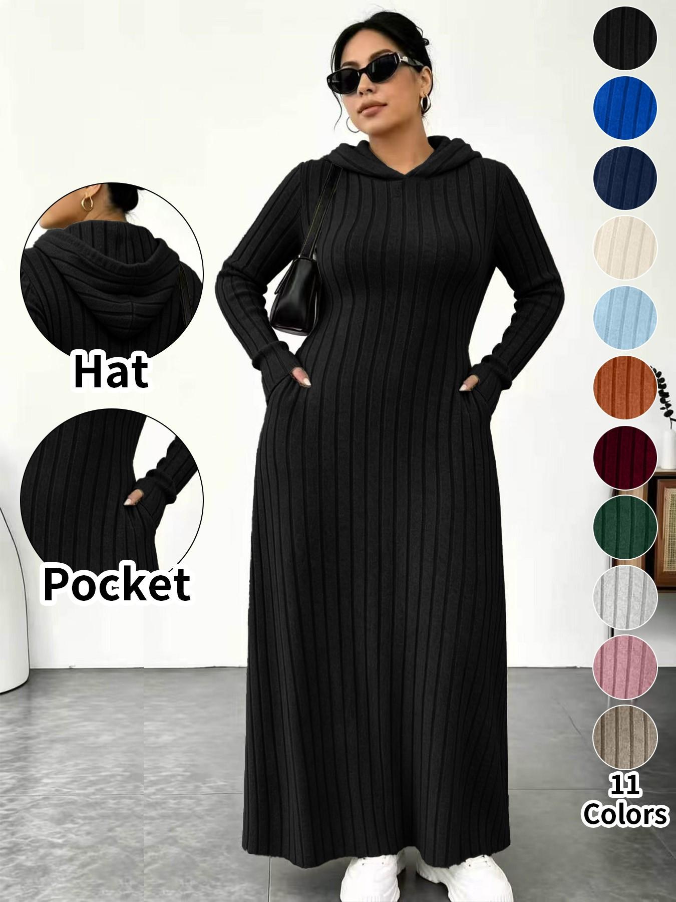 Plus Size Women's Long Knit Dress, 11 Colors Available, Slim Fit with Pockets, Micro Plus Size Slimming Hooded Top, Long Sleeve Base Layer