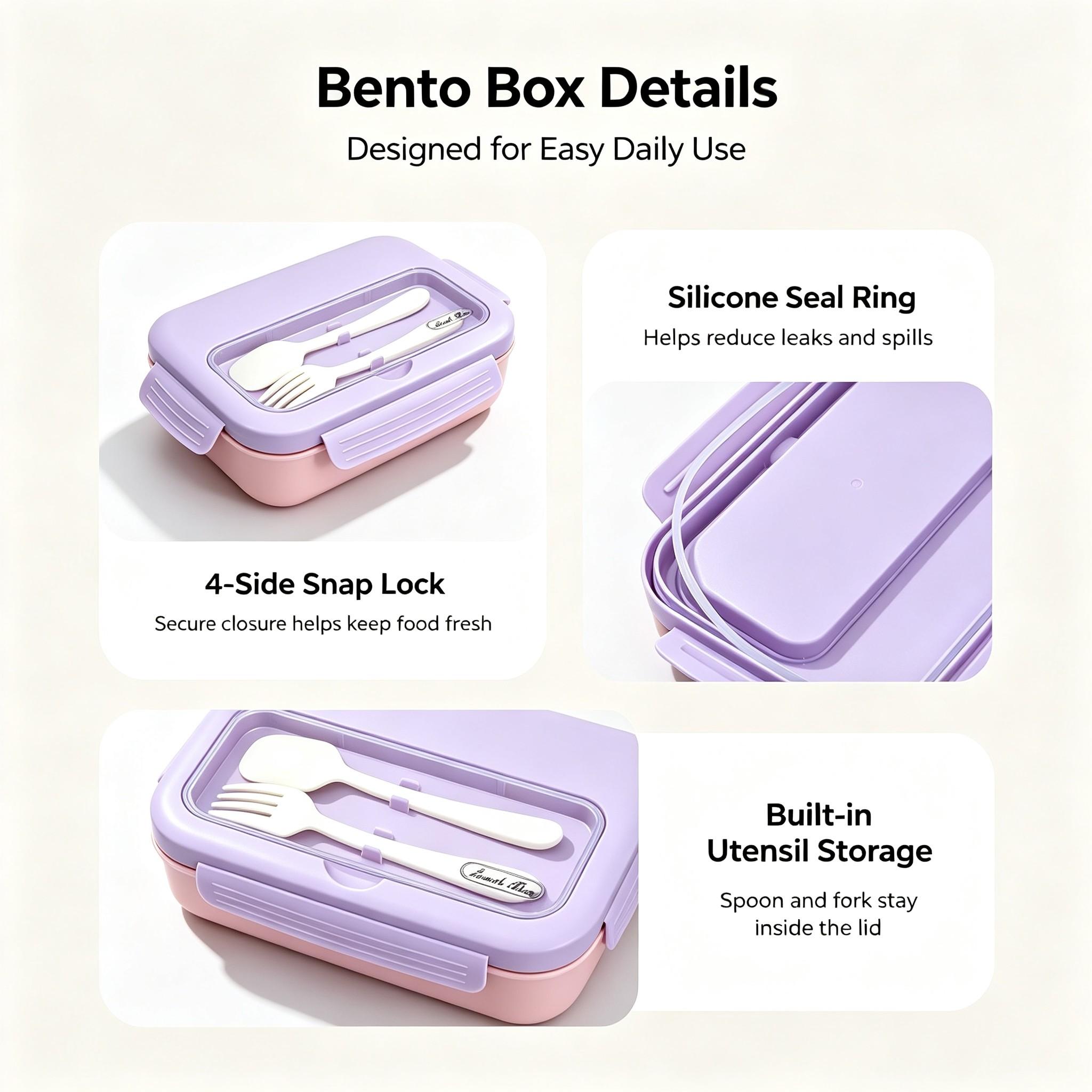 Bento Box for Adults Kids, 1200ML Leak‑Proof 2/3 Compartments Lunch Box with Built‑in Utensils, Fork, BPA‑Free Microwave‑Safe Food Container for Work School Picnic