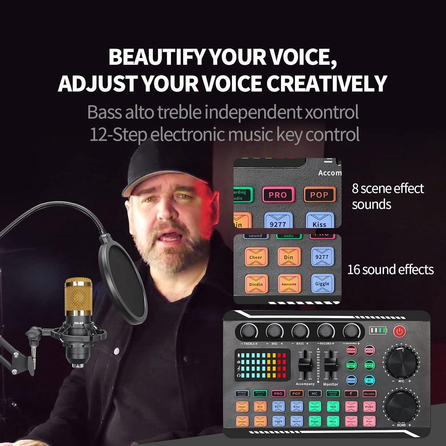 Wireless Bluetooth-compatible Dj Sound Card Device, RGB Color Buttons, Bm-800 Microphone Set, PC Phone Karaoke Party Live Streaming, Live Audio Mixer, Audio Mixer for PC