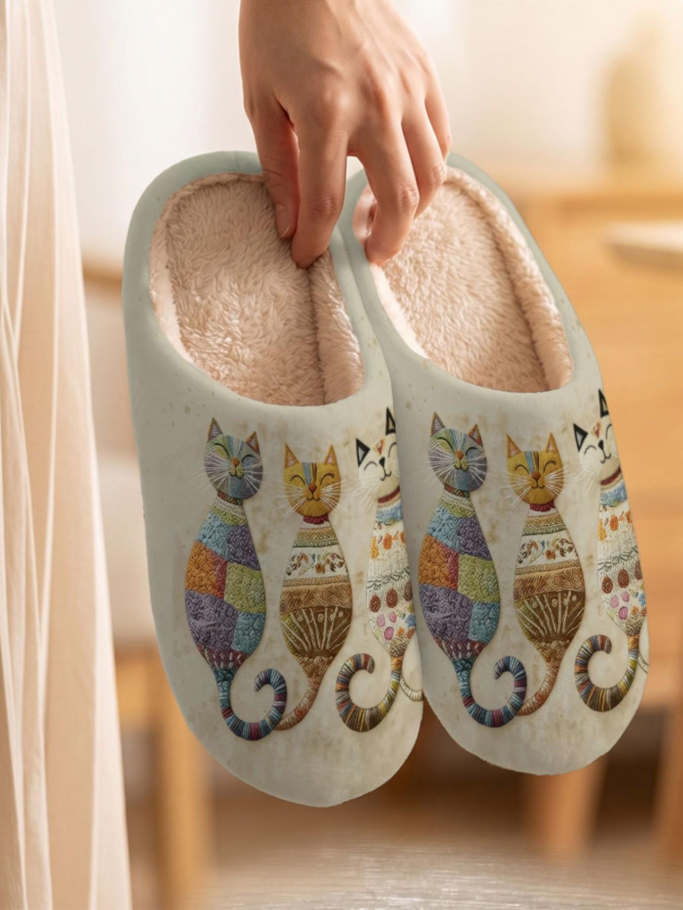 Women's Halloween Plush House Slippers, Cute Pet Prints, Fall Winter Non-Slip Warm Indoor Shoes, Casual Fabric Upper