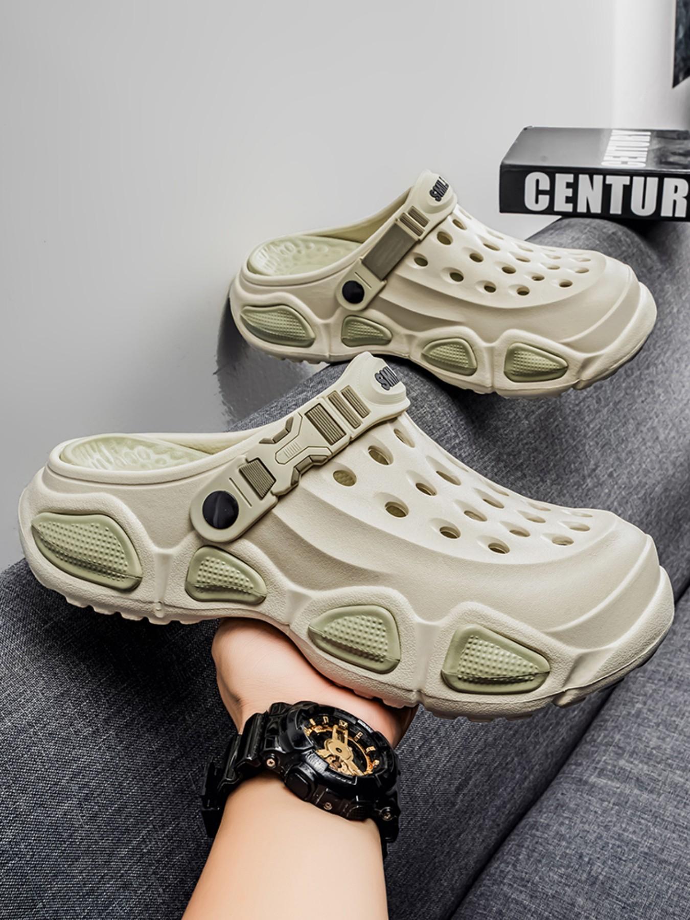 Men's Summer Breathable Holey Shoes, Outdoor Slip-Resistant Thick Sole Sandals, Durable Beach Footwear, Dual Color Flip Flops