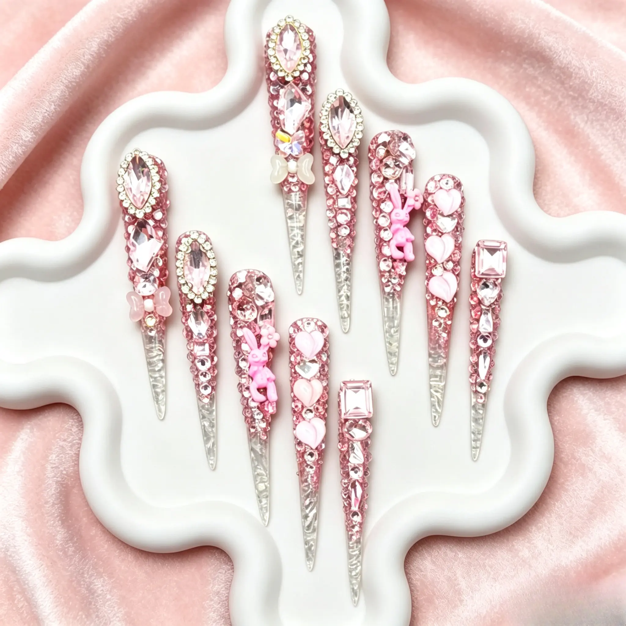 10 Pcs Press On Nails Easy to Apply Natural Look Daily Date Photo Shoot Wear for Girls Sweet Style Fans Artificial Nail Tips Pink Acrylic Stiletto Full Diamond 3D Rabbit Heart Charms Stick On Nails