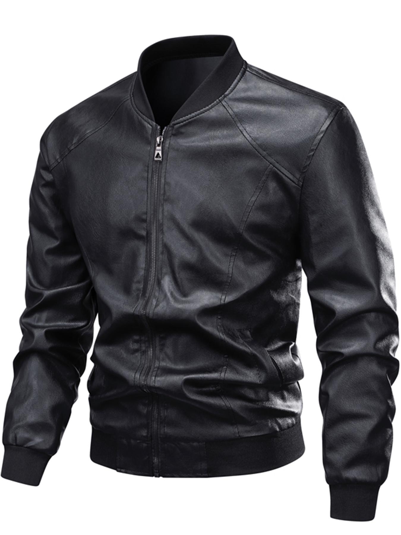 Men's PU Leather Jacket, Fitted Classic Casual Style, Zipper Baseball Collar Coat, Long Sleeve Side Pockets Design, Menswear