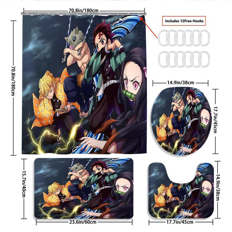 Demon Slayer Anime Print Shower Curtain Set, Includes 12 Hooks, Waterproof Curtains, Non-Slip Mat, U-Shaped Toilet Pad, Ideal Gift