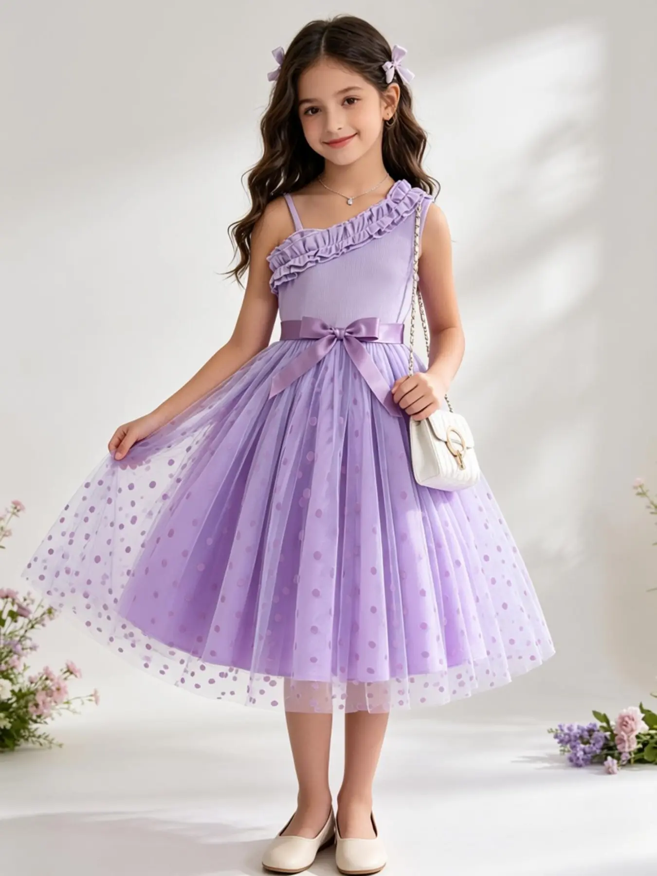 Kids Ruffle One Shoulder Waist Bow Polka Dot Tulle Dress, Elegant Asymmetrical Neck, Breathable Fabric, Perfect for Beach & Picnics, Frilled Dress
