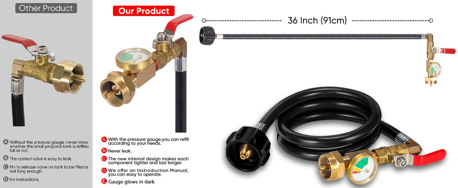 3FT Propane Refill Adapter Hose for 1 lb. Tanks - Refillable Propane Cylinder, Compatible with 1 lb. Propane Tank and 1 lb Throwaway Disposable Cylinder Propane Bottle Connector