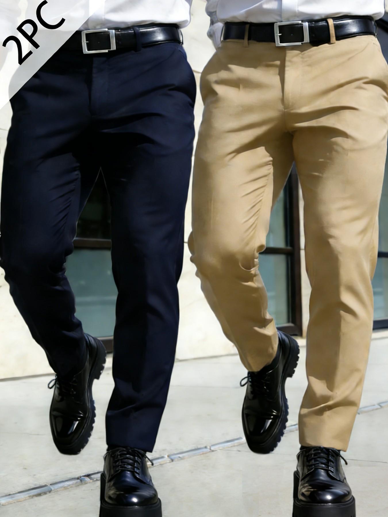 2-pieces Men's New Loose Straight Leg Elastic Solid Color Formal Pants, Casual Pockets, Anti-Wrinkle Comfortable Business Casual Trousers for Work and Weekend, Casual Fashion Pocket, Versatile, Modern