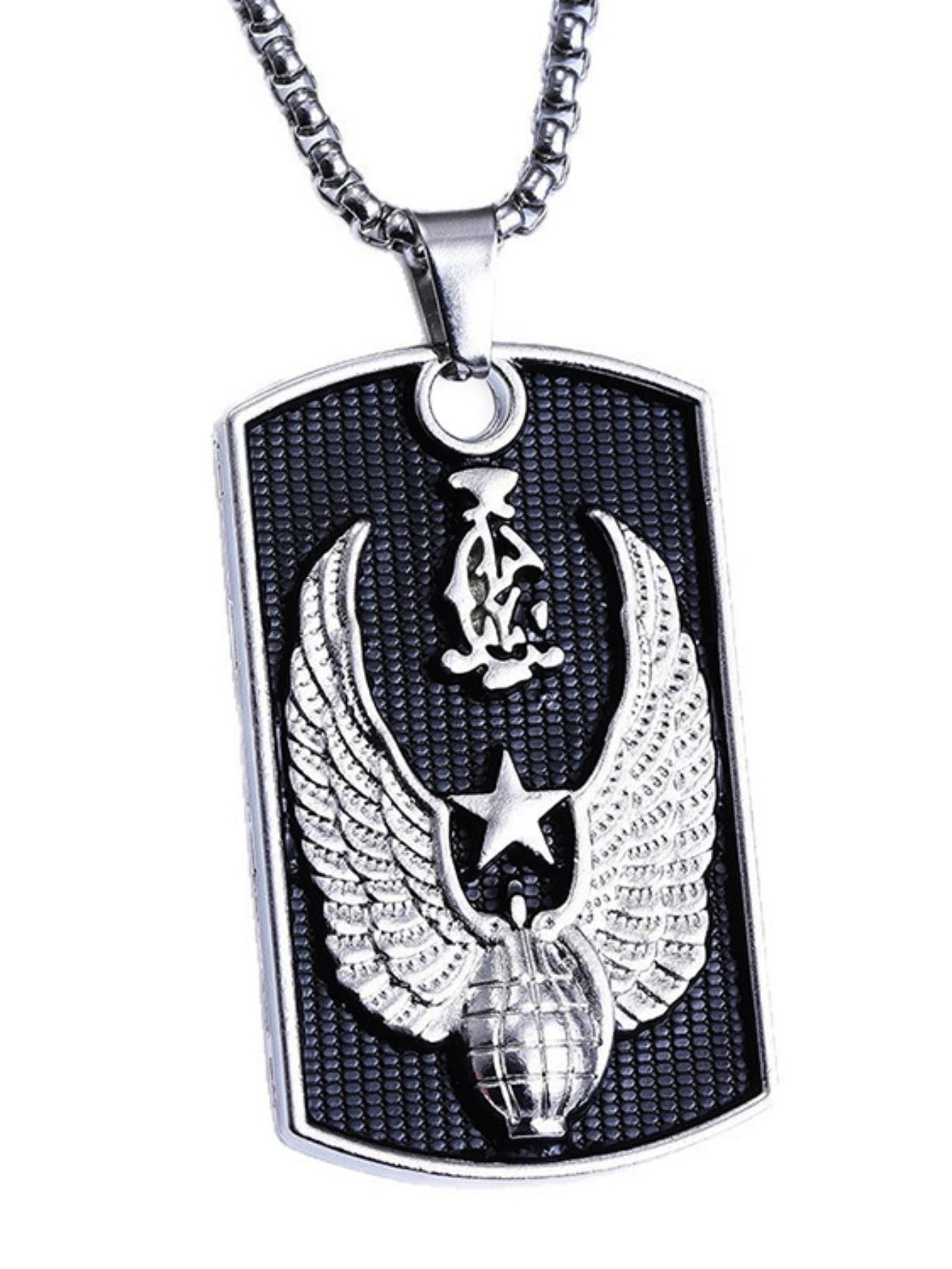 Unisex Hip-Hop Bold Brand Pendant Necklace, Stainless Steel Sweater Chain Jewelry, Trendy Military Badge Design, Fashion Accessory for Men and Women