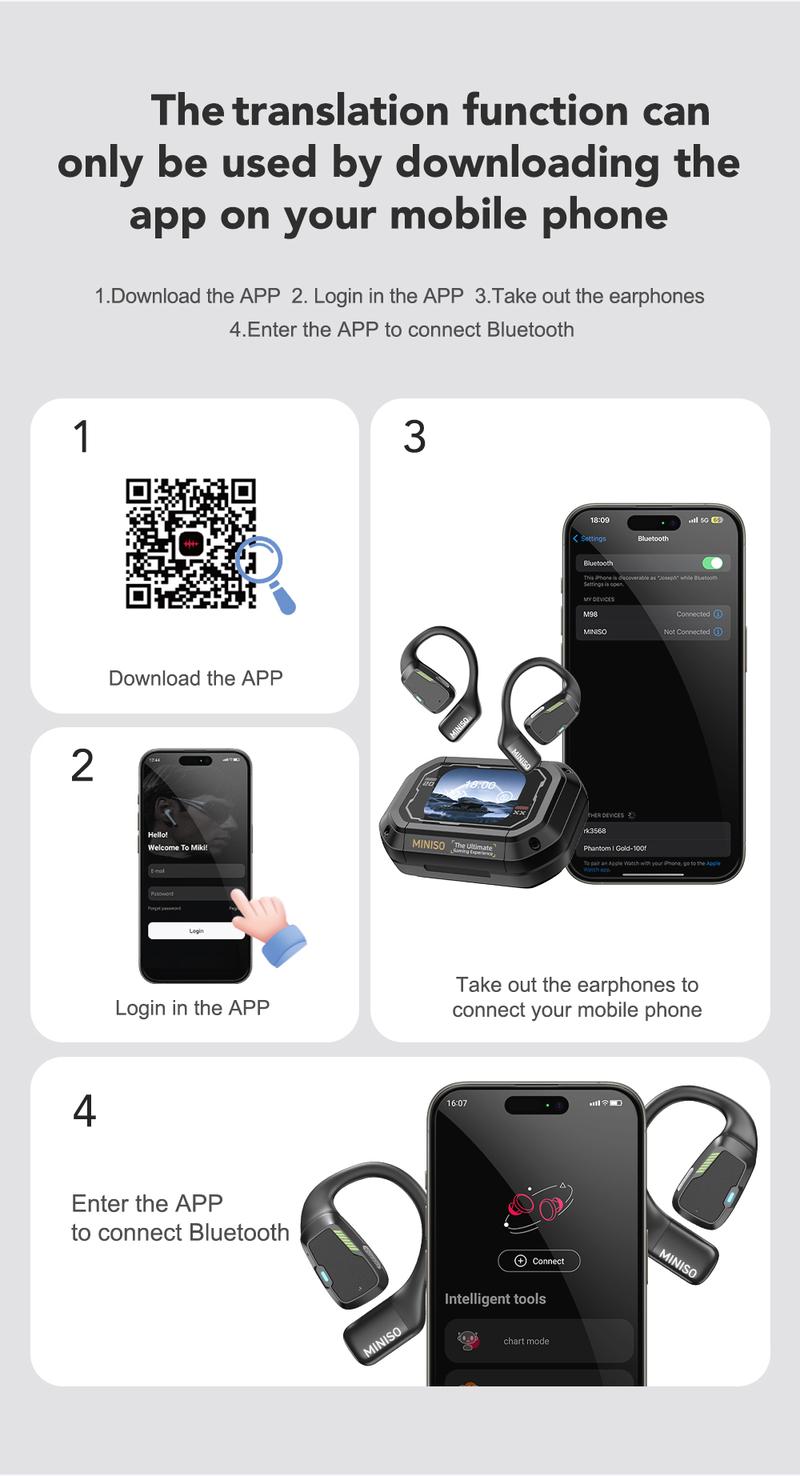 MINISO M98 Support 134 Language with Traslate APP Translator Earbuds Real-time Translation  Full Color Display Touch Translation Earbuds Real Time for iPhone and Android Headphones Translating  for Travel Business game