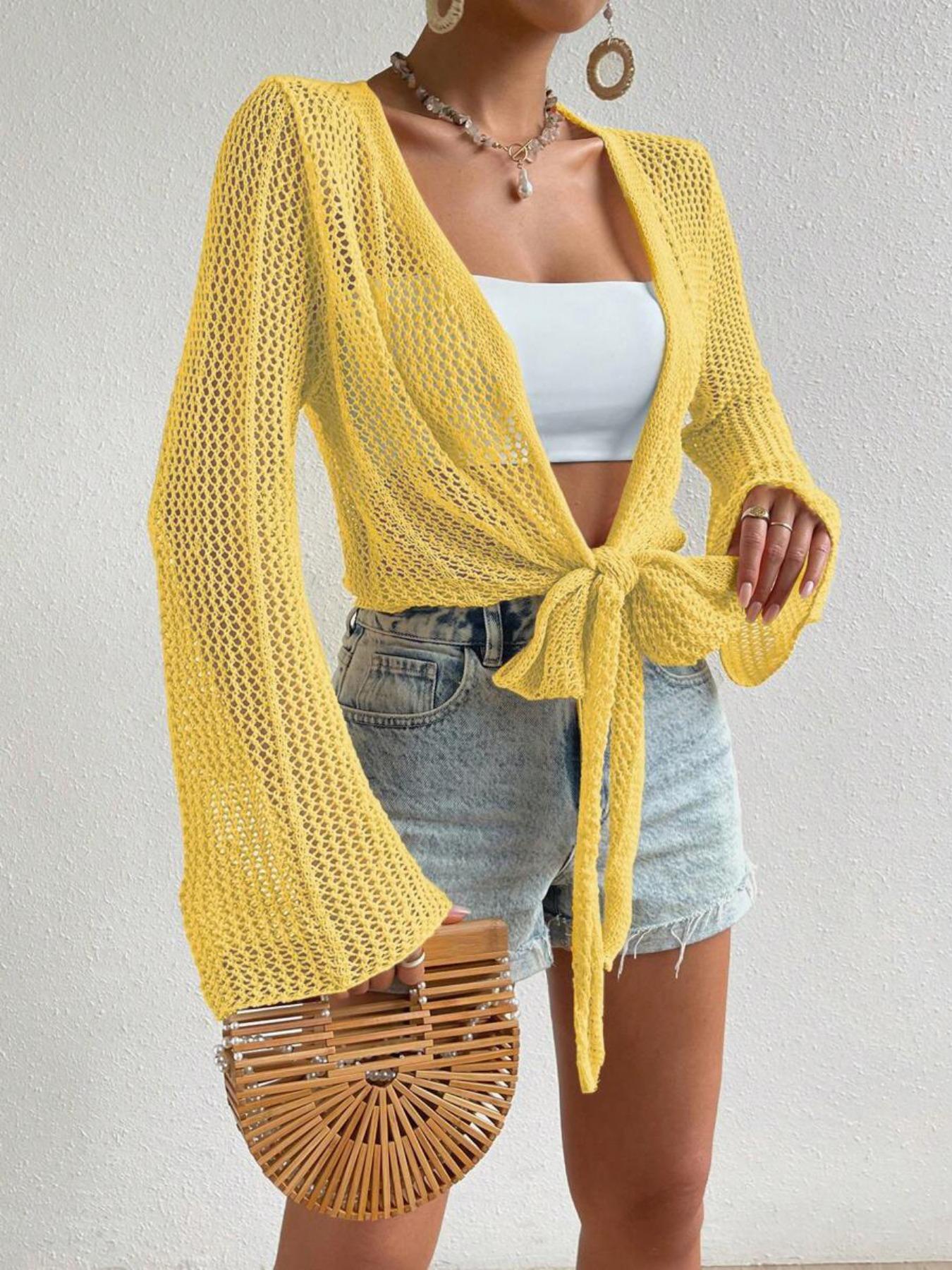 Women's Plain Knot Front Cardigan, Casual Long Sleeve Cover Up for Summer, Fashion Women's Knitwear for Beach Holiday Vacation