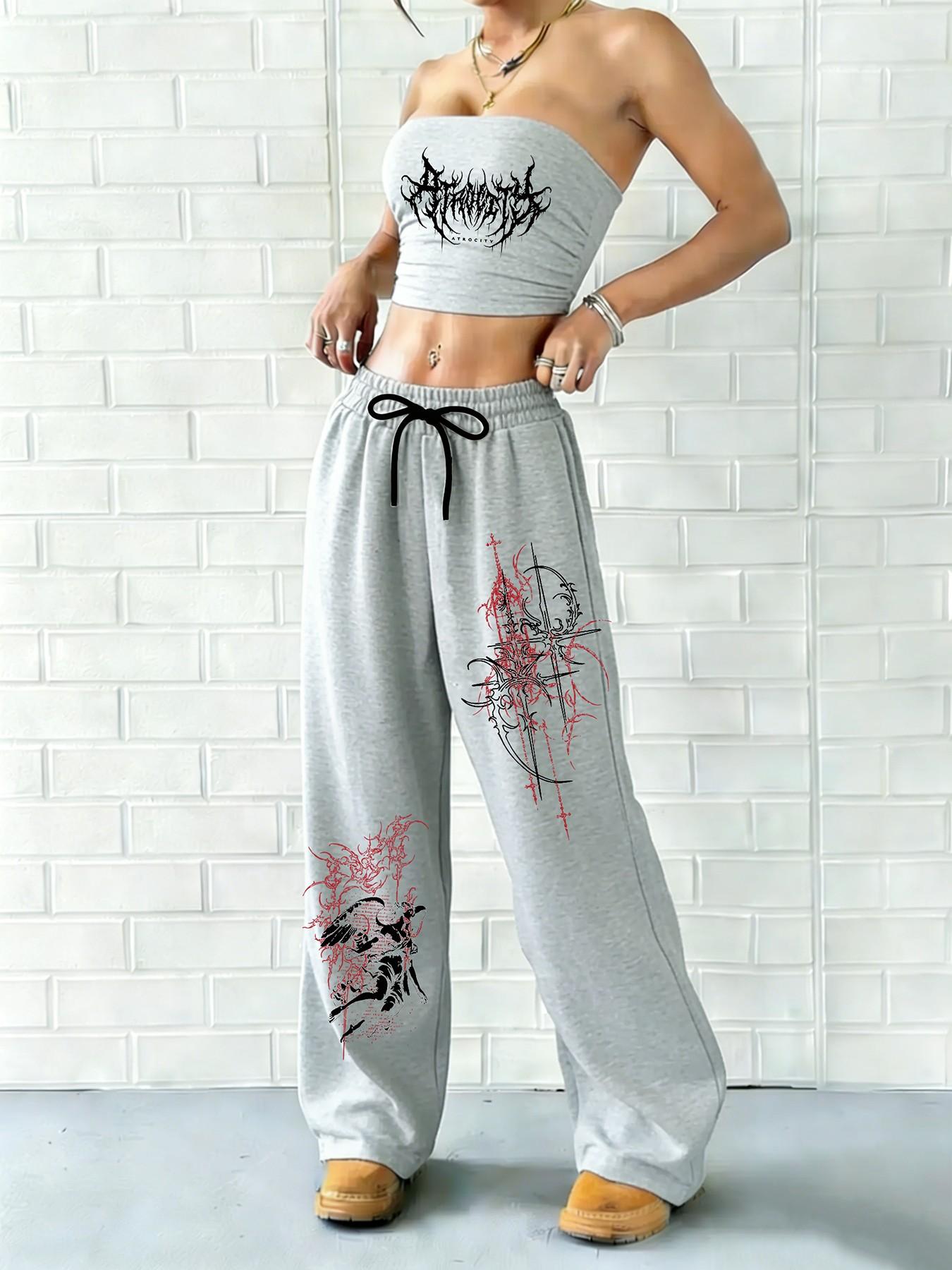 Women's Y2K Gothic Theme 2-Piece Set, Top Tankini Backless Design + Loose Straight Pants, Gothic Print, Fashion Streetwear