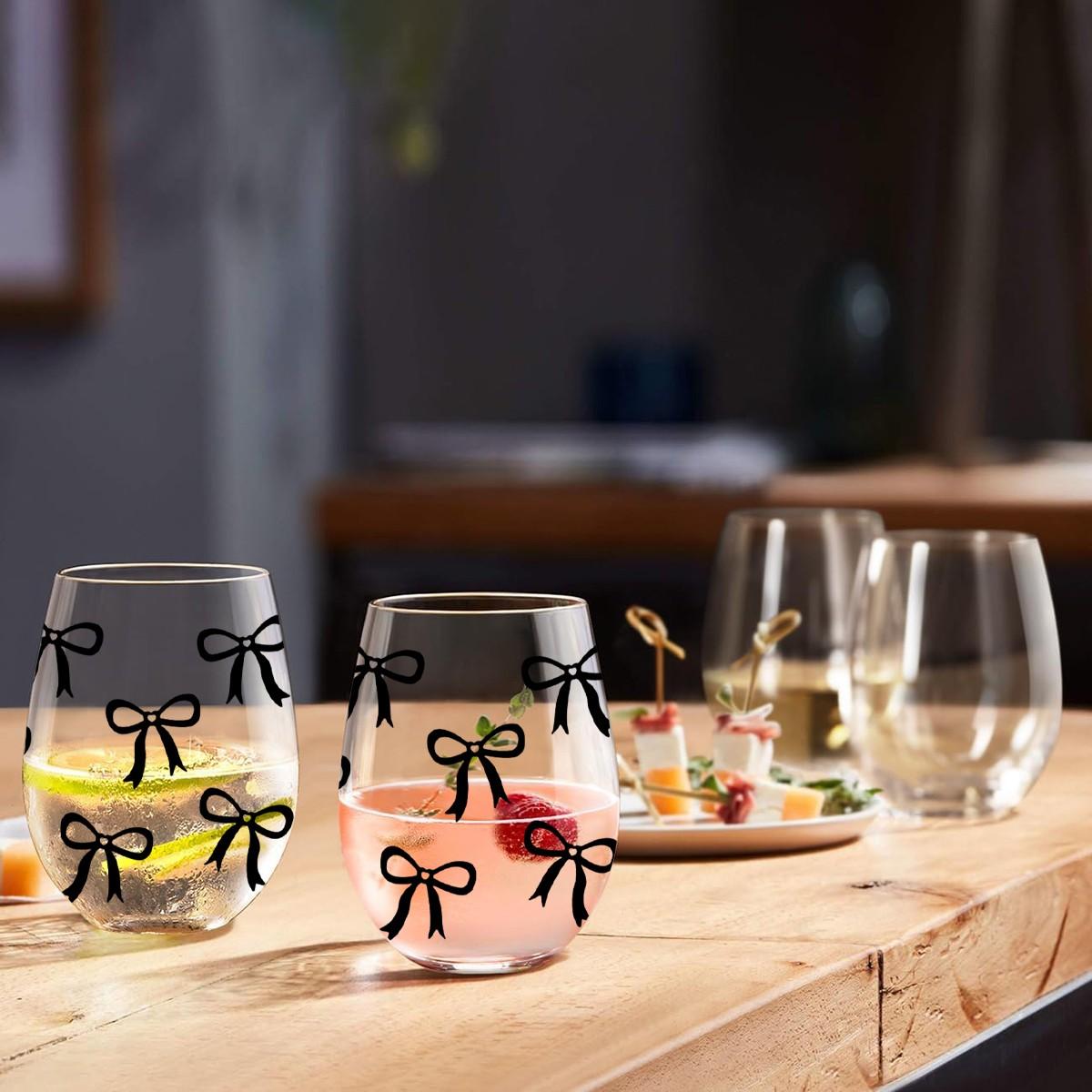 Bow Pattern Stemless Wine Glasses Set, No Stem Wine Glasses, 1/4-Pack, 18oz/540ML Transparent Wine Cups, Ideal for Restaurants & Daily Use