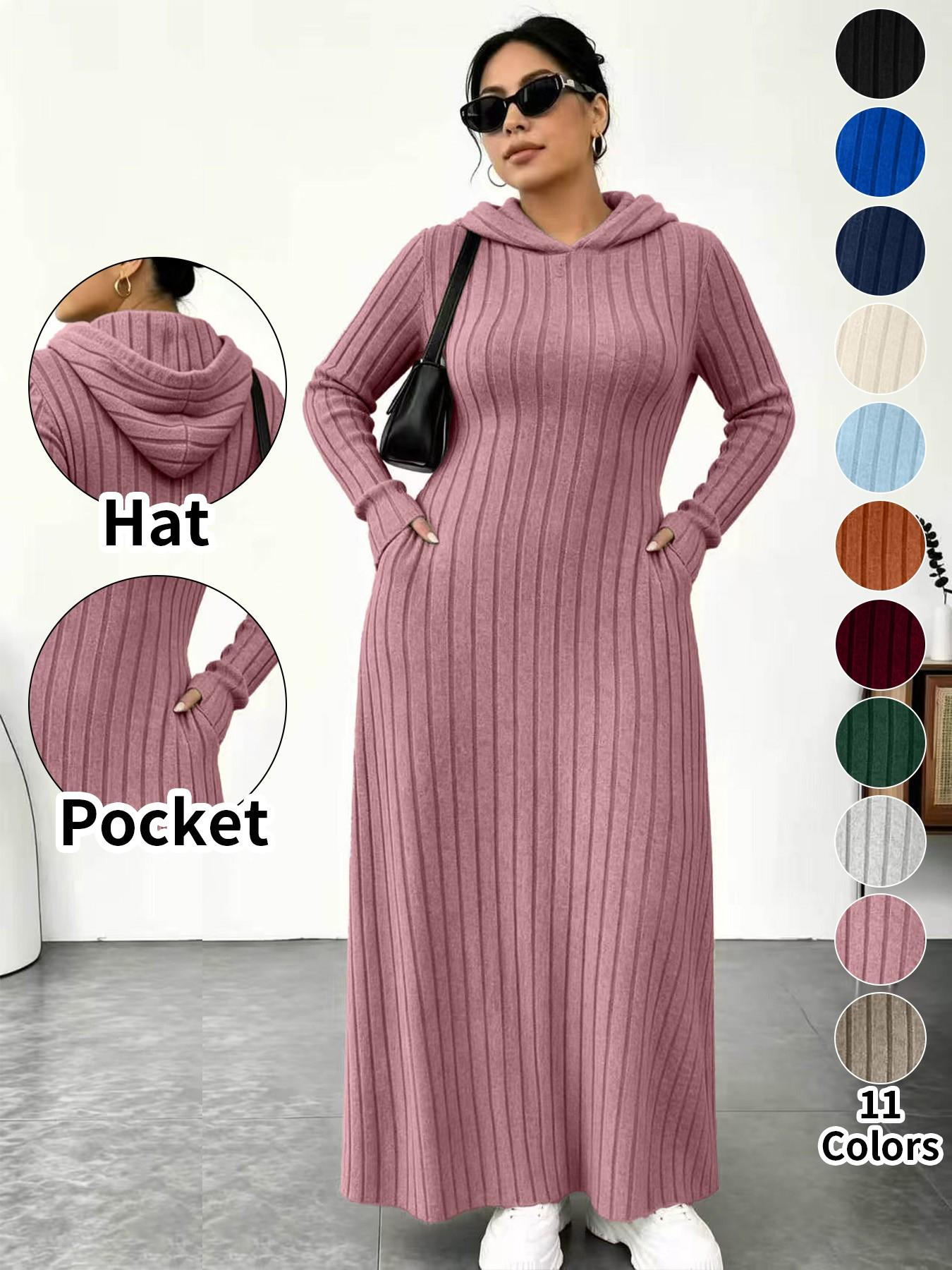 Plus Size Women's Long Knit Dress, 11 Colors Available, Slim Fit with Pockets, Micro Plus Size Slimming Hooded Top, Long Sleeve Base Layer