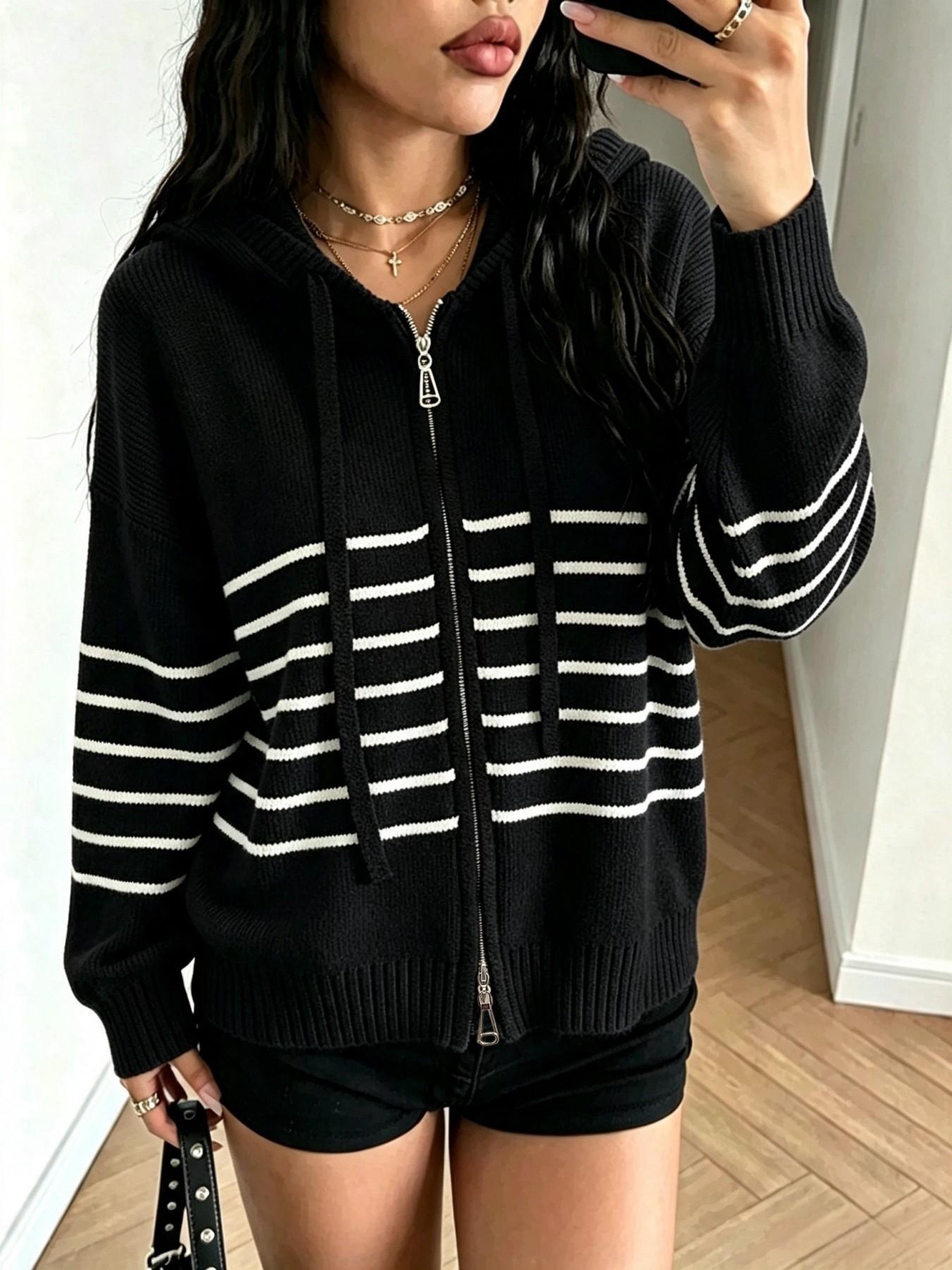 Autumn Winter Color-Block Striped Preppy Style Hooded Casual Loose Sweater Cardigan, Reversible Zipper Design, Women's Fashion Outerwear