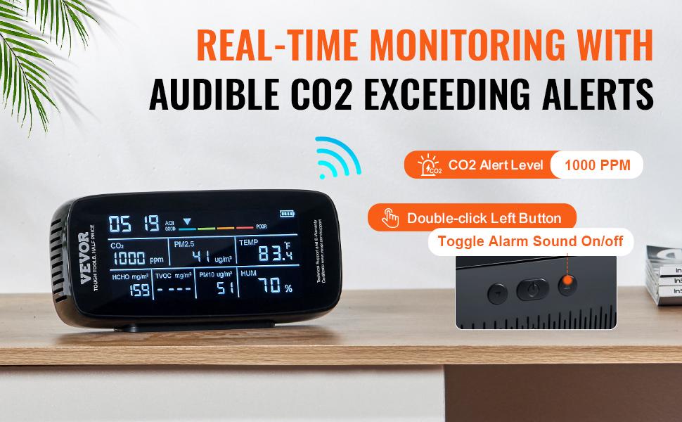 VEVOR Air Quality Monitor 9-IN-1, CO2, Temperature, Humidity, Formaldehyde TVOC AQI Tester, Professional PM2.5 PM10 PM1.0 Particle Counter for Indoor/Outdoor, Air Quality Meter w/Alarm Thresholds