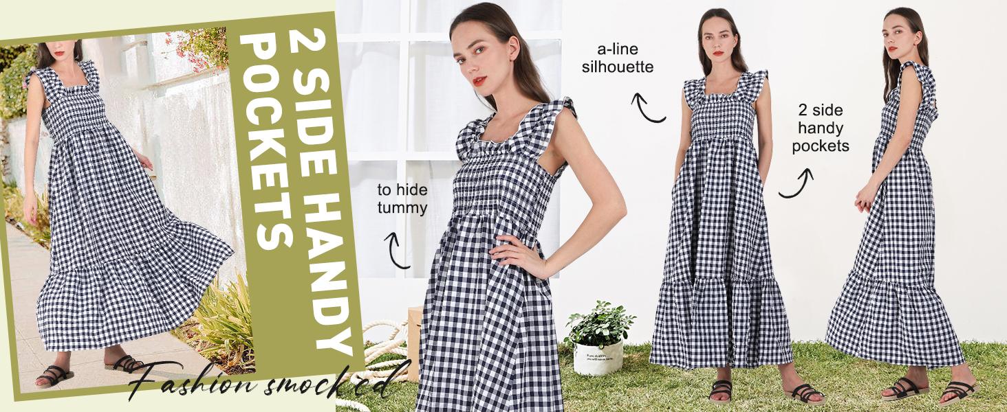 Chouyatou Women's Sleeveless Strap Retro Plaid A-Line Smocked Maxi Long Dress with Ruffled Hem SpringStatements