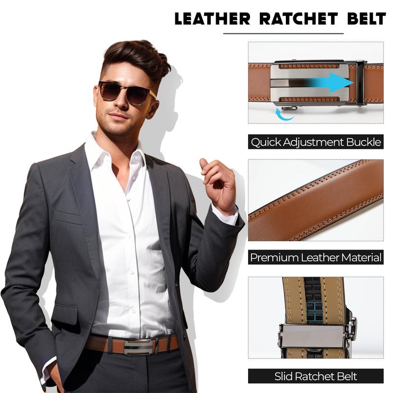 Father's Day Gift Ratchet Mens Belt Leather, Adjustable Quick Release Click Belts for Mens Jeans, Casual & Work