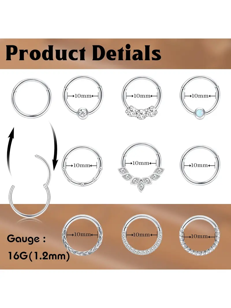Oyaface Opal CZ Nose Ring Hoop – Surgical Steel, 16G, 8mm/10mm, Hinged, USA Made