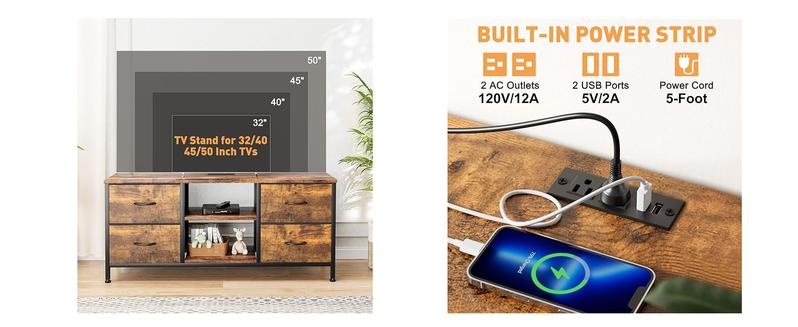 Aowos Dresser TV Stand for 50/55 inch TV, Wide Dressers & Chests of Drawers with Charging Station & 4 PU Drawers Storage, Console Sofa Table for Bedroom, Living Room