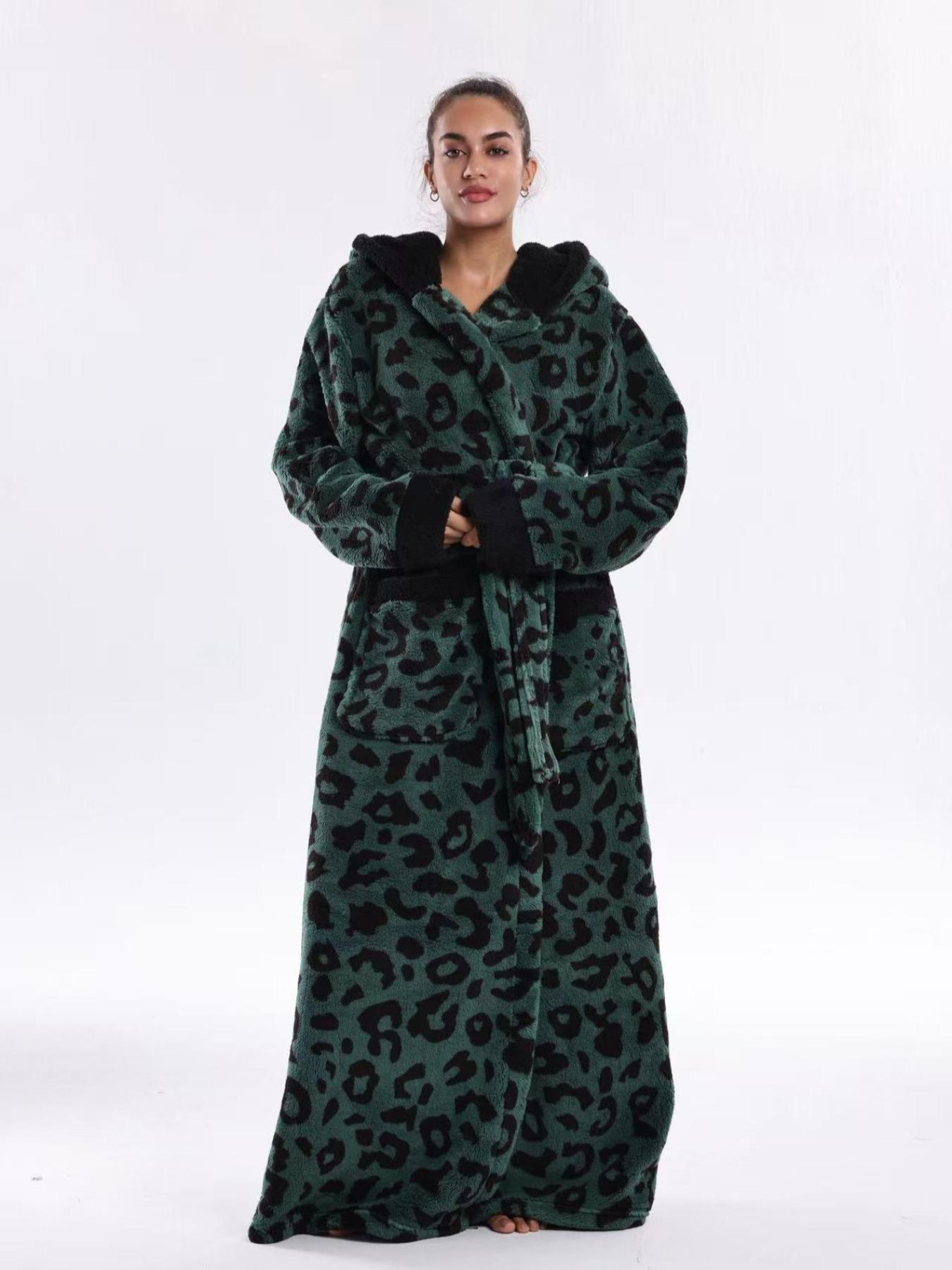 Mystic Leopard Print Long Elegant Casual Bathrobe, Hooded Pocket, Soft ...