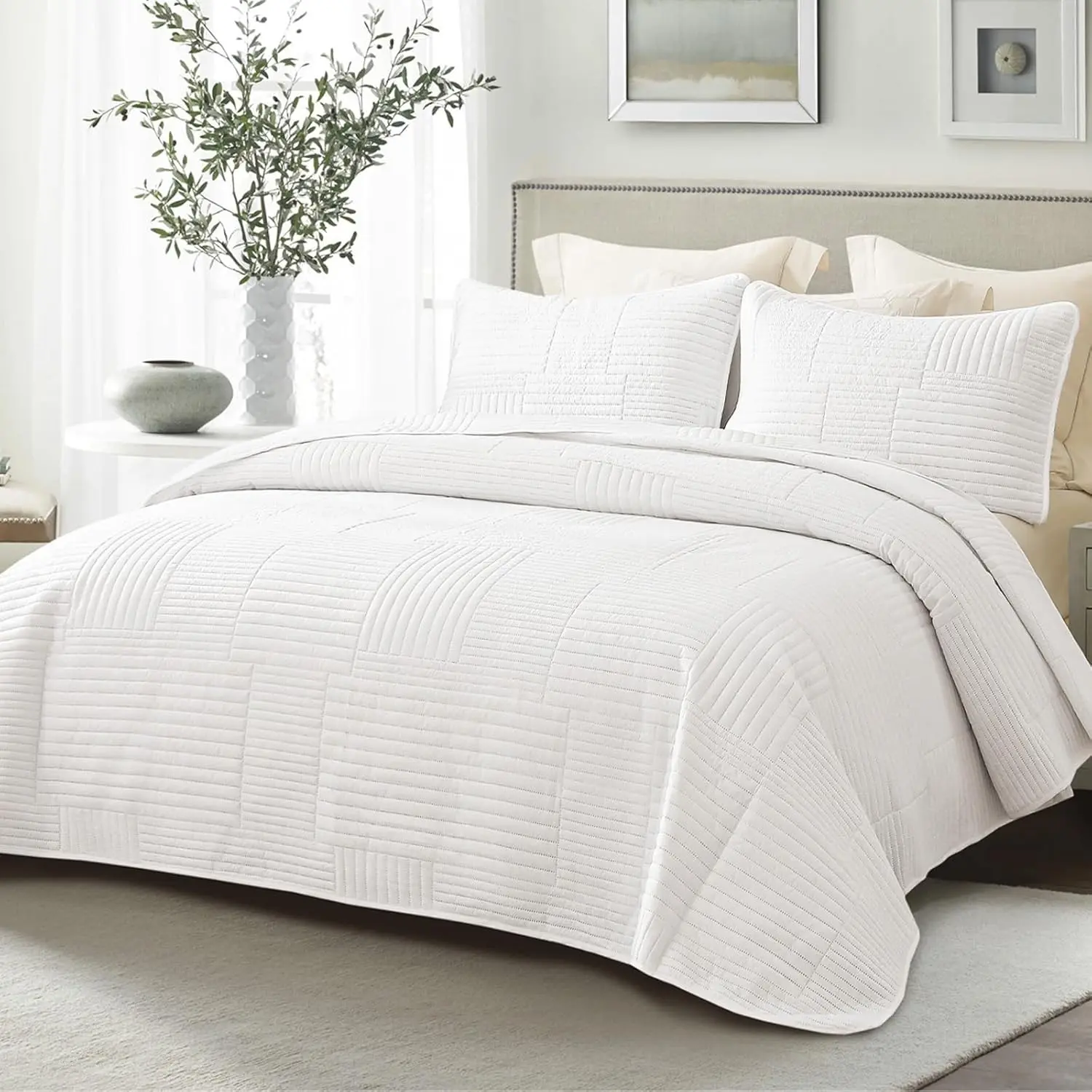 Ultra Soft Lightweight Queen Quilt Bedding Set, 3-Piece White Bedspreads Full Size, Breathable Microfiber Ultrasonic Modern Comforter Coverlet Bed Cover for All SeasonsGift