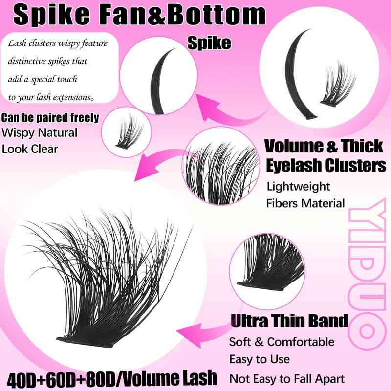 YIDUO 7 Styles Lash Clusters Kit Volume Eyelash Clusters Kit With Bottom eyelash&Spikes Lashes 1600 pcs DIY Eyelash Extensions 5-20mm 40D&60D&80D&100D&Volume Lash with Lash Bond and Seal, Lash Remover