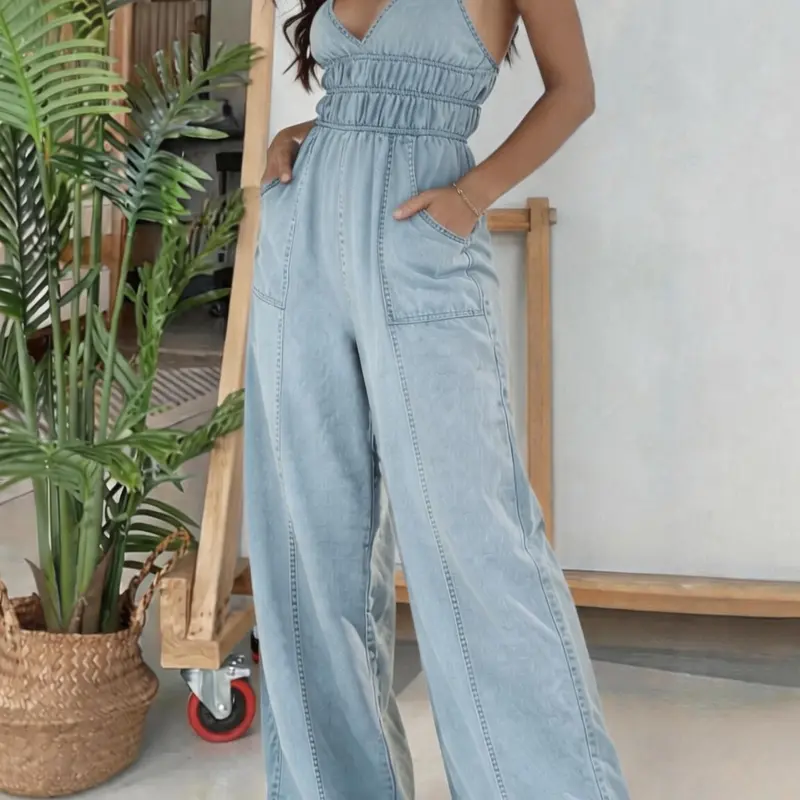Women's Plain Backless Denim Cami Spaghetti Strap Strappy Backless Overalls Jumpsuit, Casual Pocket Wide-Leg Jumpsuit for Daily All-Season Wear