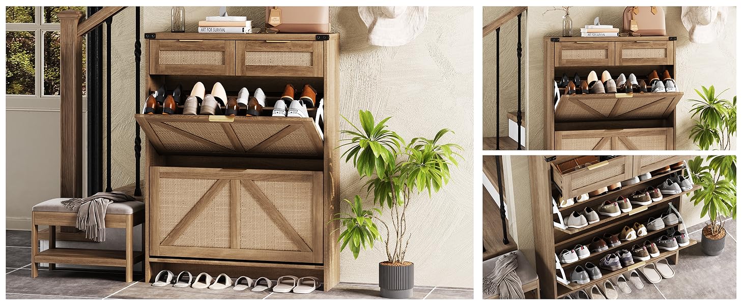 Vabches Shoe Storage Cabinet with 2 Flip Drawers & 2 Storage Drawers, Farmhouse Slim Shoe Organizer with Legs for Entryway, Cozy High Quality Freestanding Cabinet Vabches Shoe Storage Cabinet with 2 Flip Drawers & 2 Storage Drawers, Farmhouse Slim Shoe Organizer with Legs for Entryway, Cozy High Quality Freestanding Cabinet